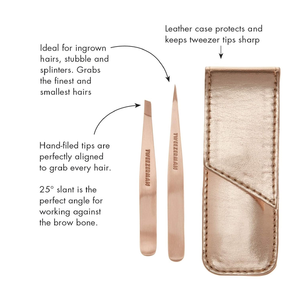 Tweezerman rose gold case interior view—compact set ready for travel.