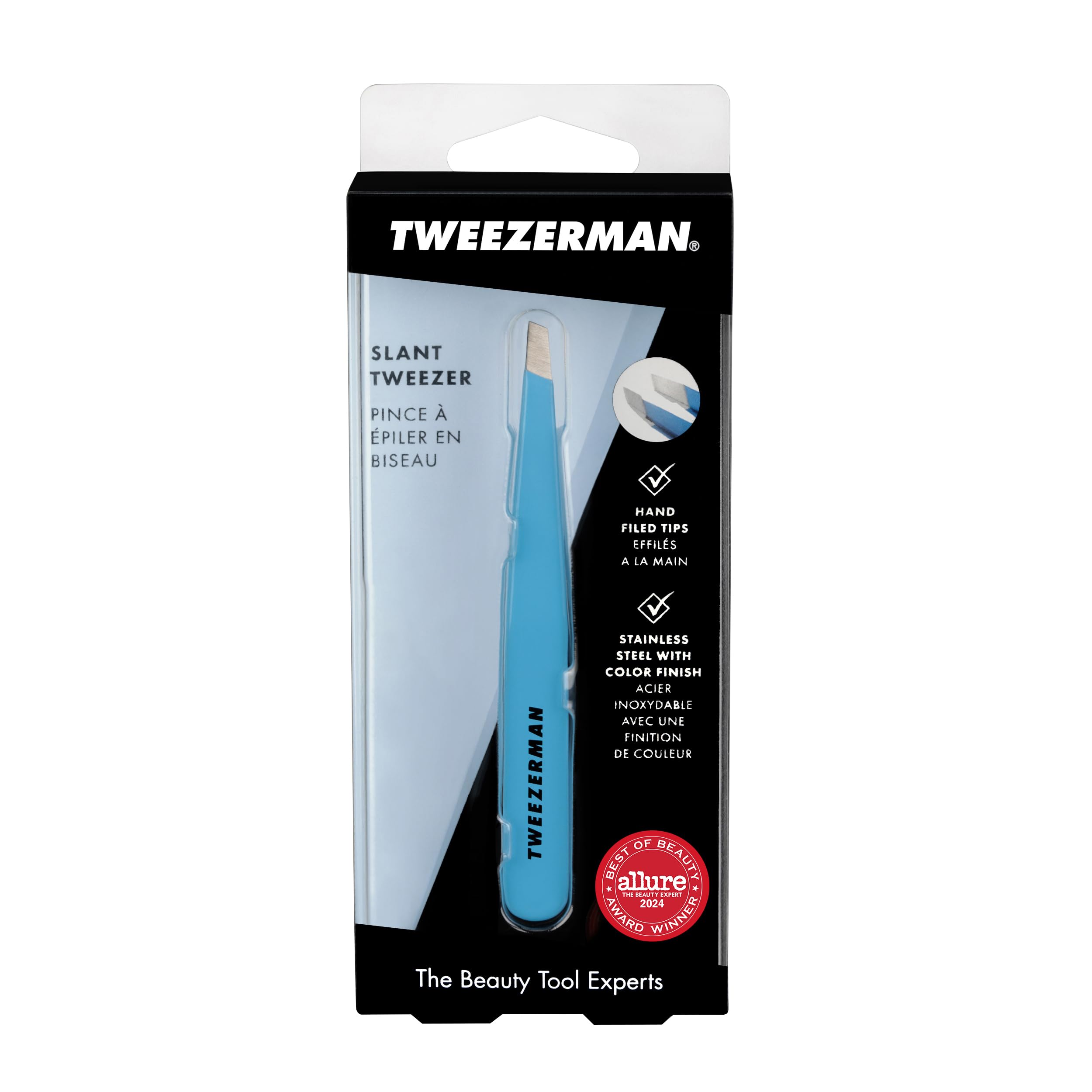 Tweezerman Slant Tweezer Blue Jewel packaging and branding.