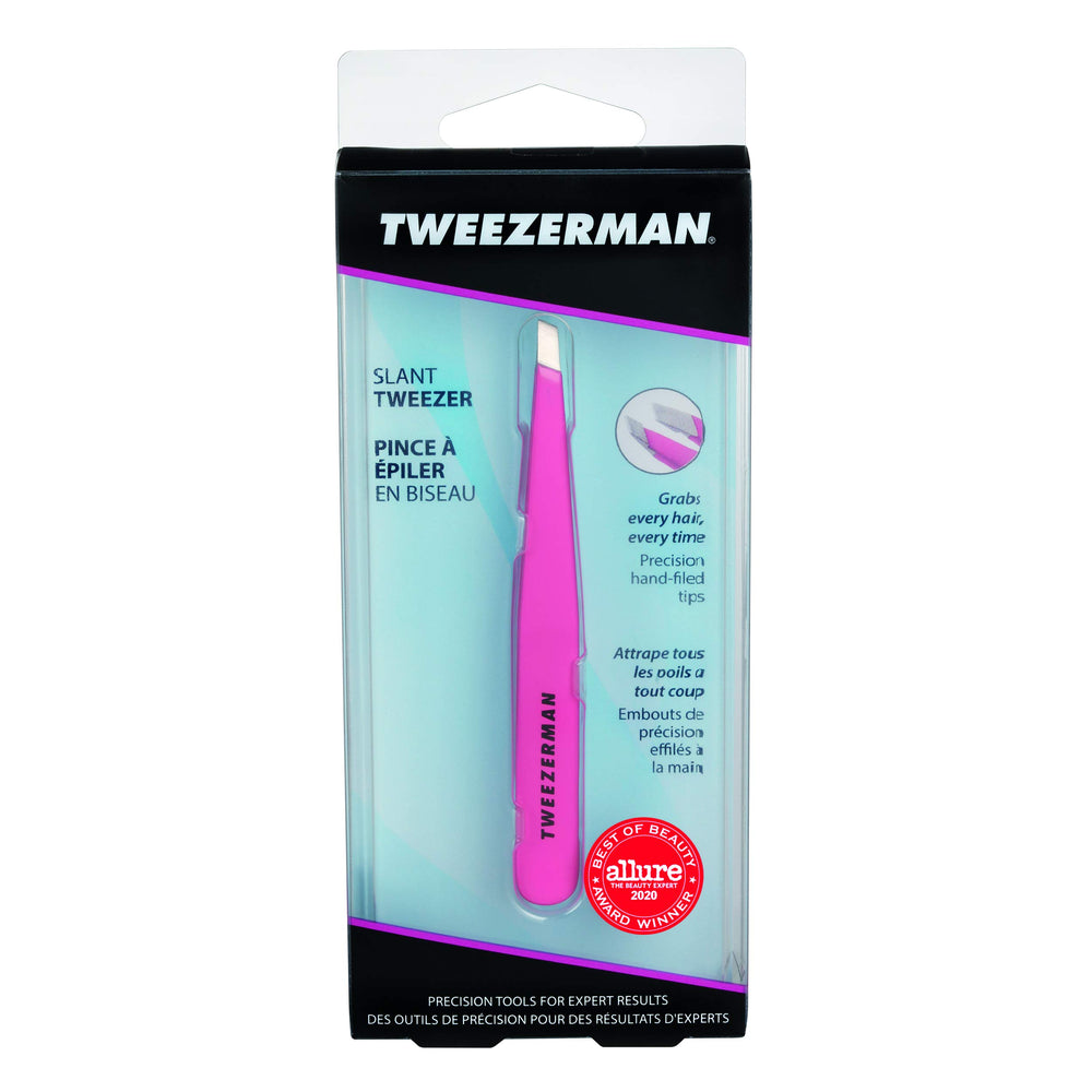 Tweezerman Slant Tweezer brows prep with warm cloth to prep hair before tweezing