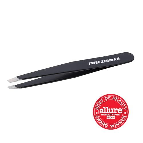 Tweezerman stainless-steel slant tweezer in use for brow shaping.