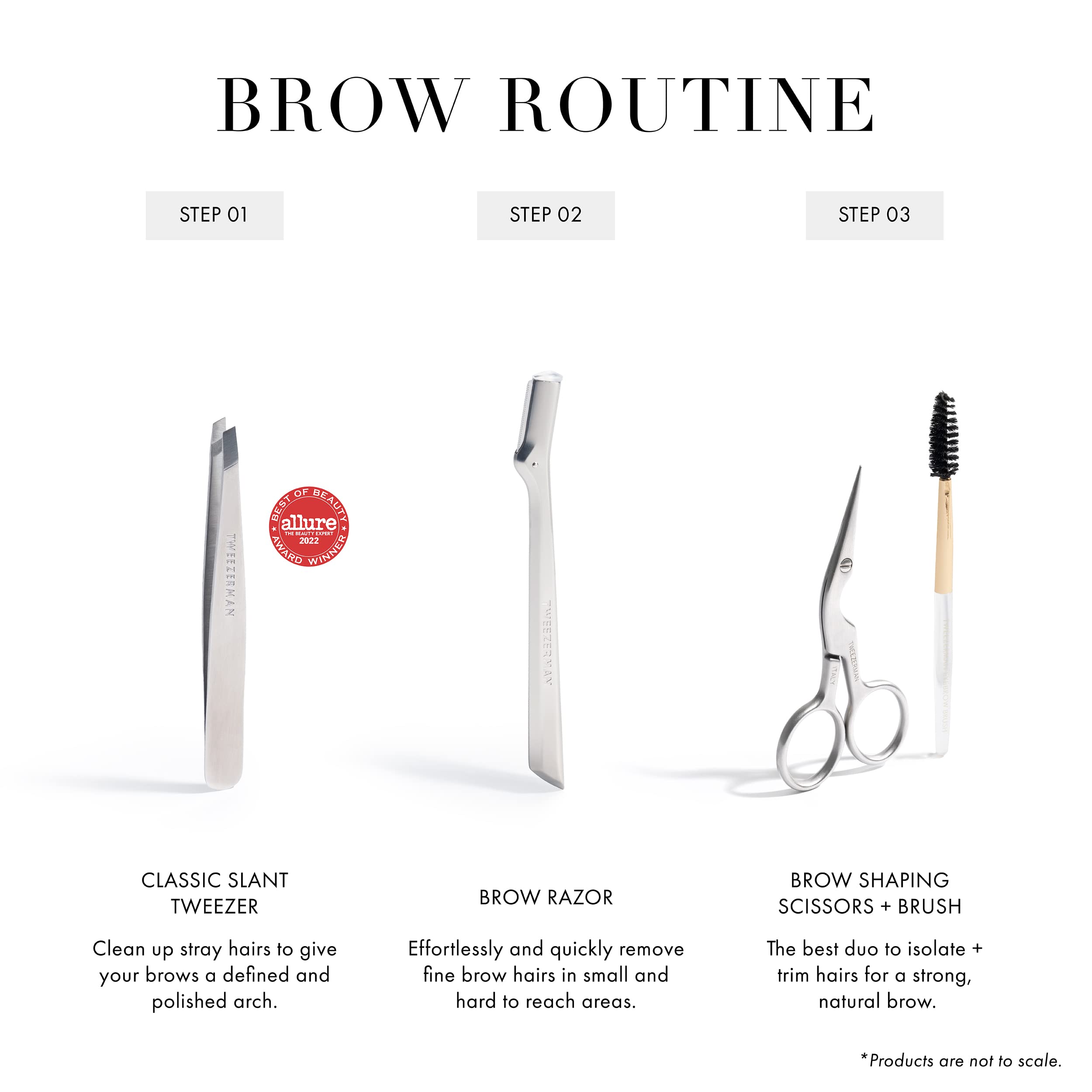 Tweezerman stainless steel brow scissors close-up highlights durable, long-lasting tool