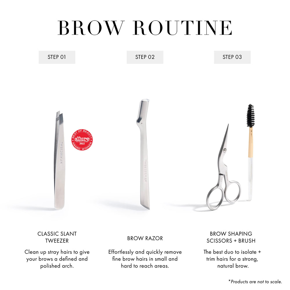 Tweezerman stainless steel brow scissors close-up highlights durable, long-lasting tool