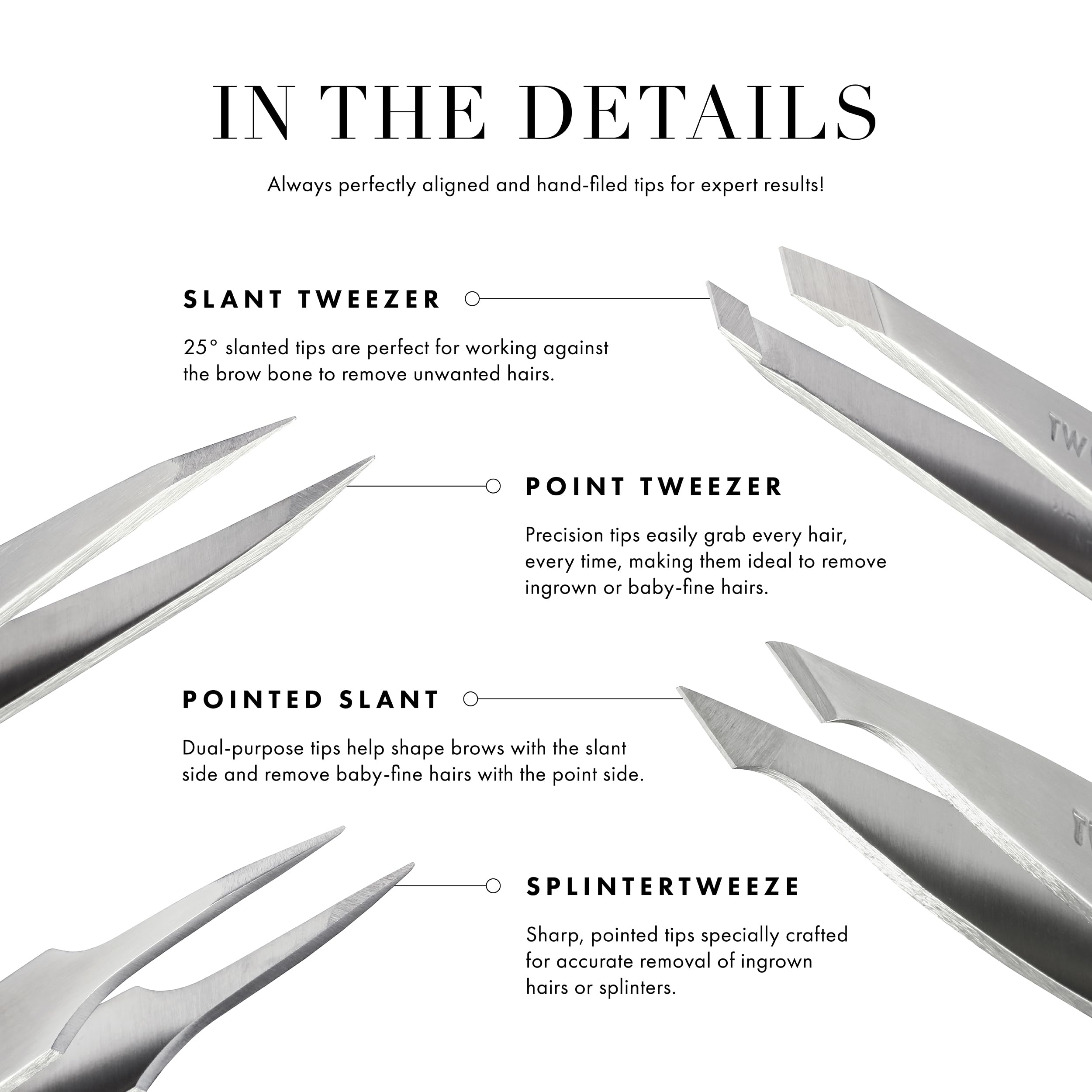 Tweezerman stainless-steel slant tweezer black handle highlighting ergonomic grip.