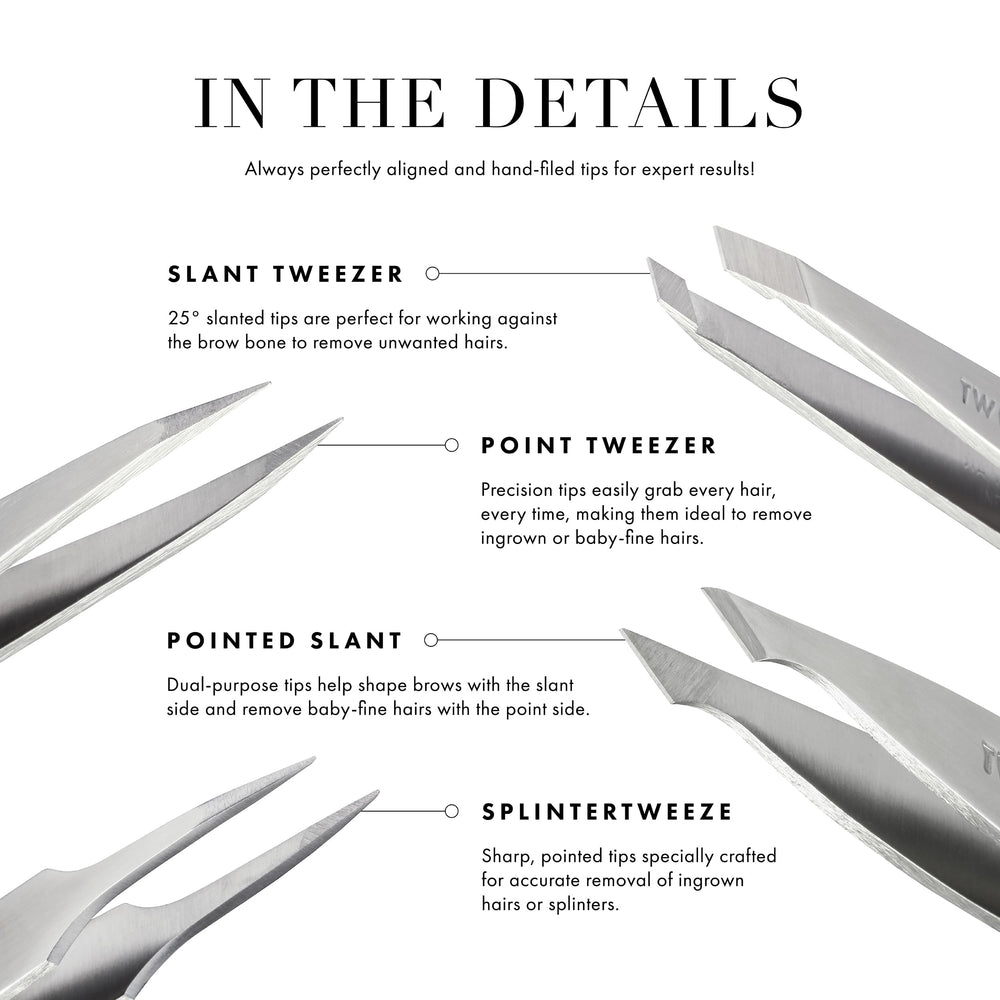 Tweezerman stainless-steel slant tweezer black handle highlighting ergonomic grip.
