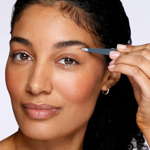 Tweezerman blue stone in-use shot demonstrates smooth brow shaping