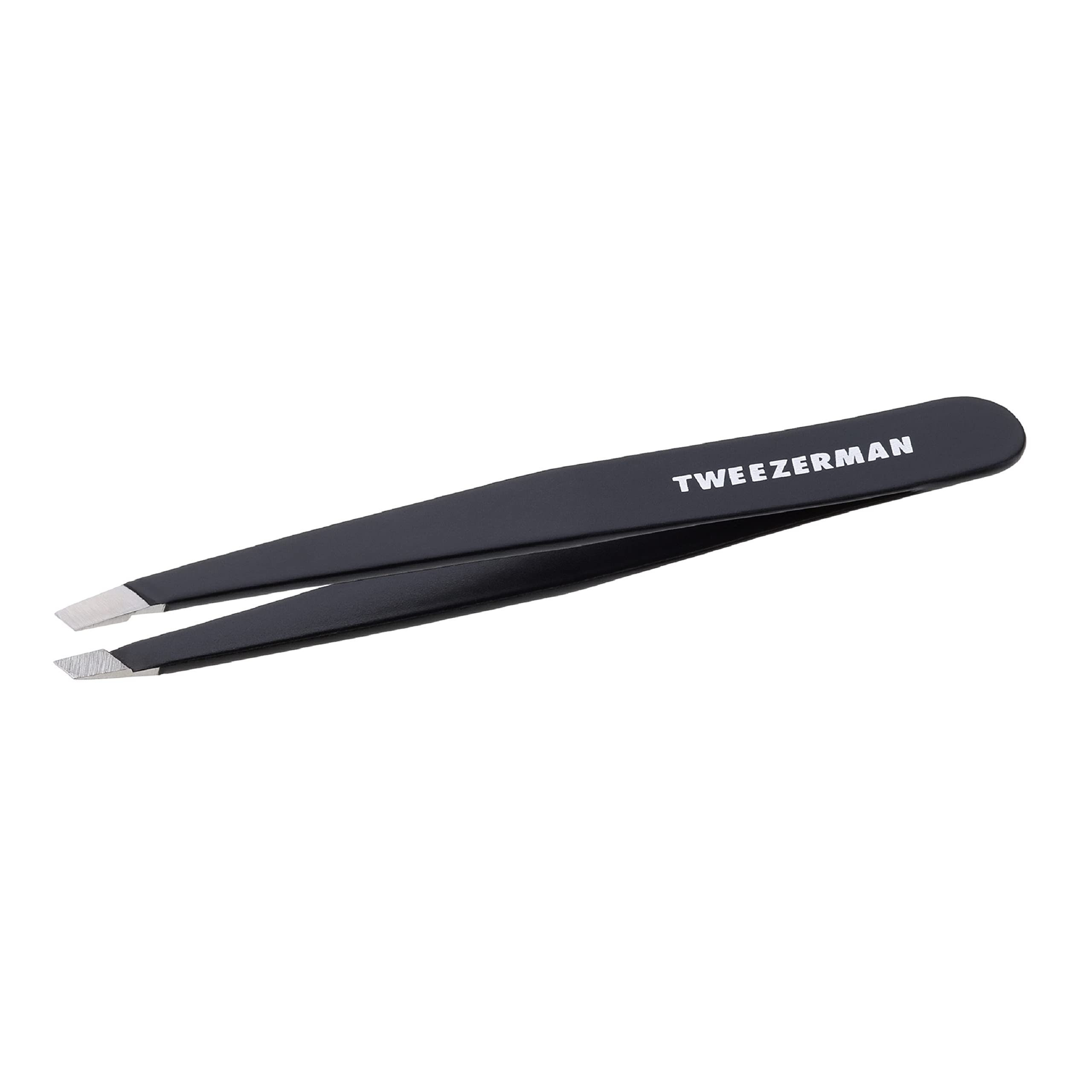 Tweezerman stainless-steel slant tweezer closeup highlighting precise alignment for root hair removal.