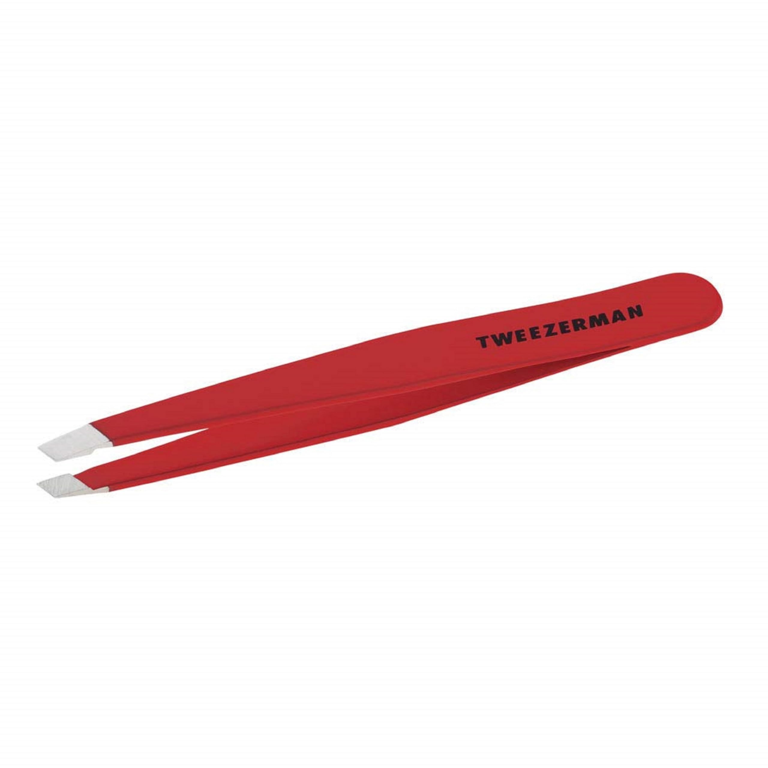 Tweezerman stainless steel slant tweezer red top view highlights precision brow shaping.