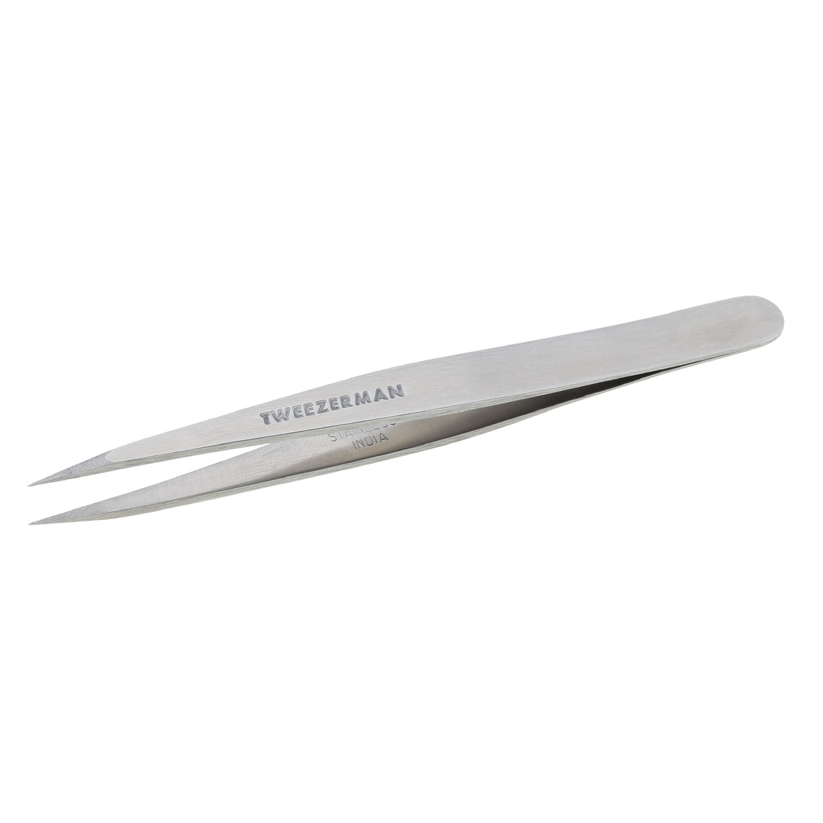 Tweezerman steel point tweezer silver closeup shows precise tips for fine hair removal
