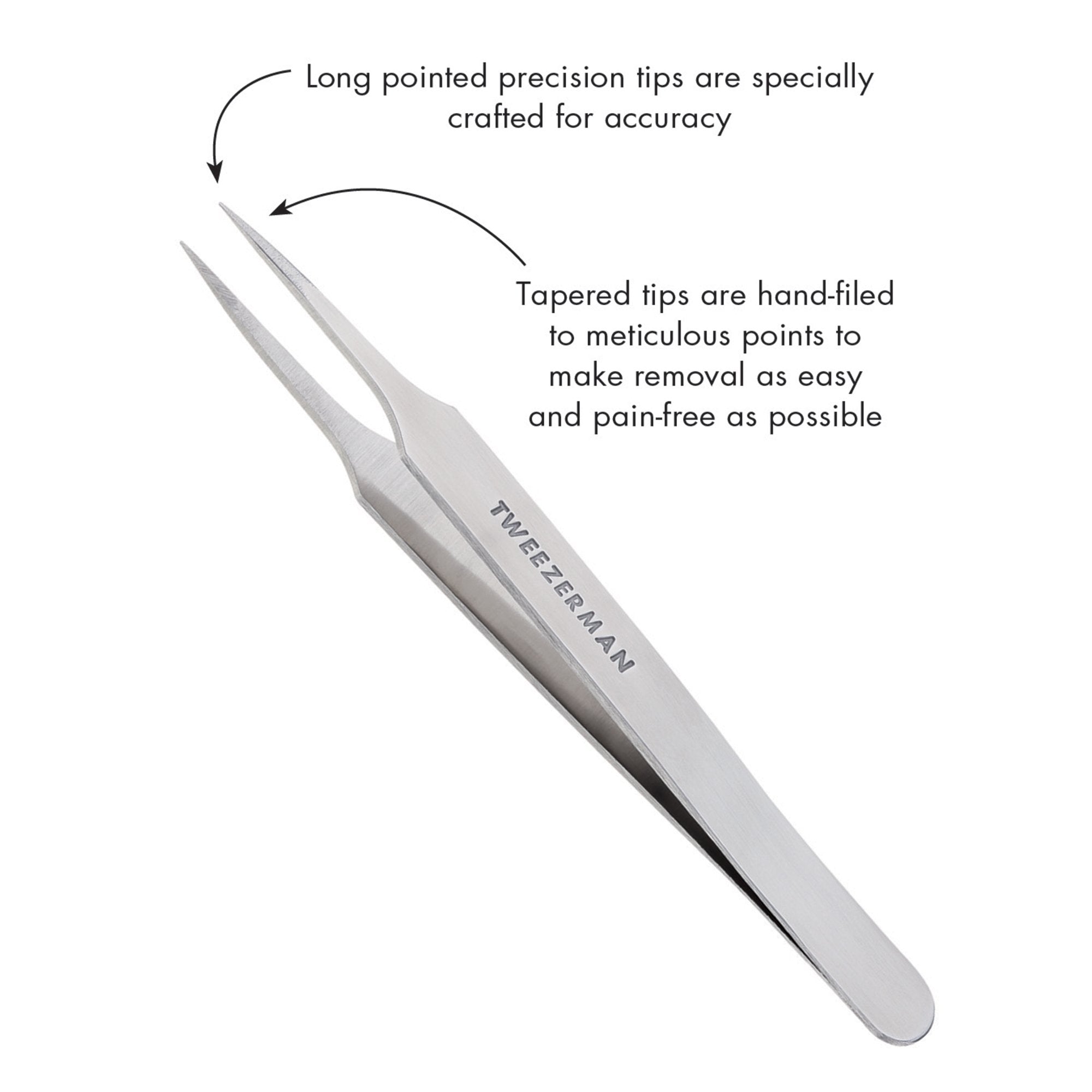 Tweezerman tapered tips precision closeup shows hand-filed sharp points for accuracy.