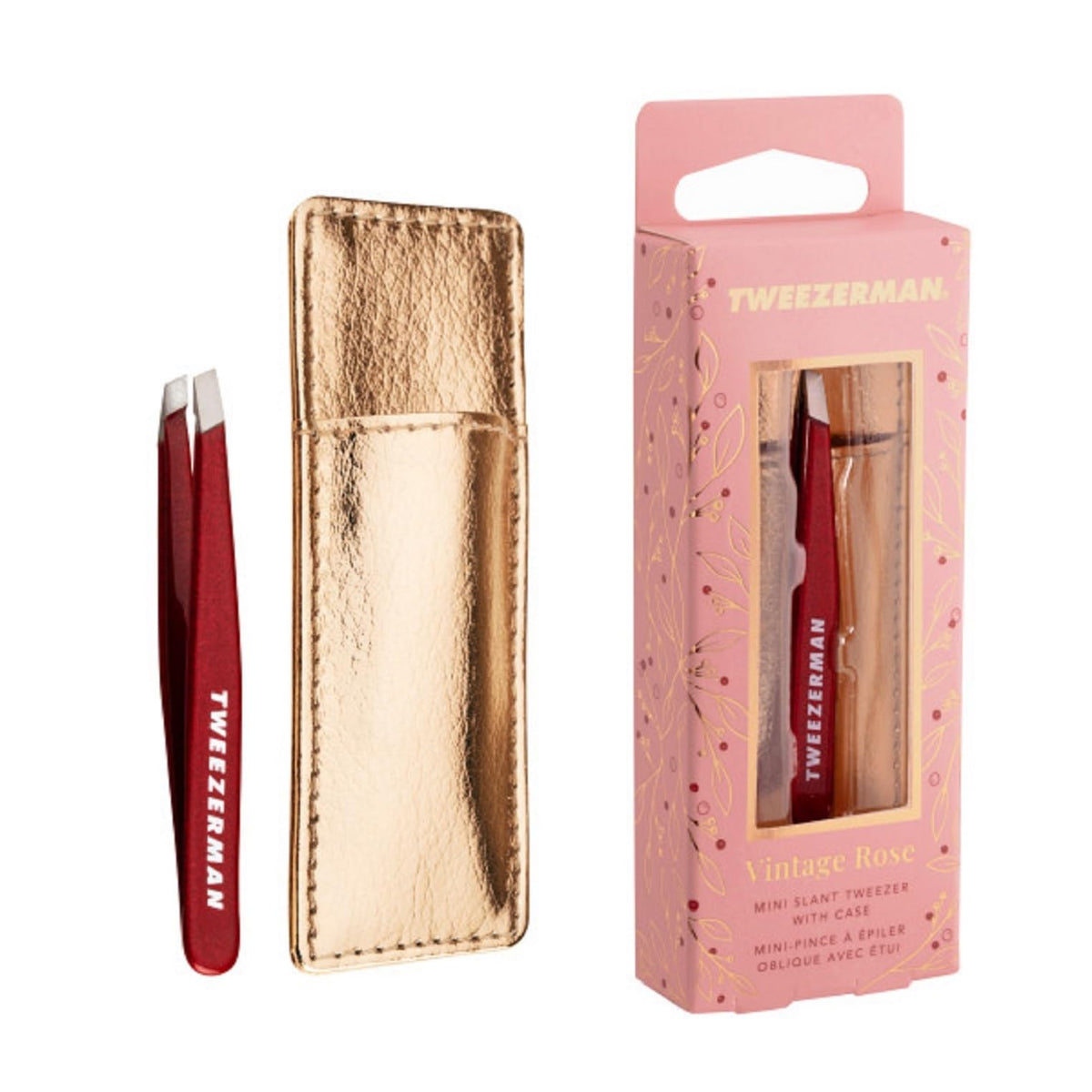 Tweezerman Vintage Rose Mini Slant Tweezer case protects travel tools