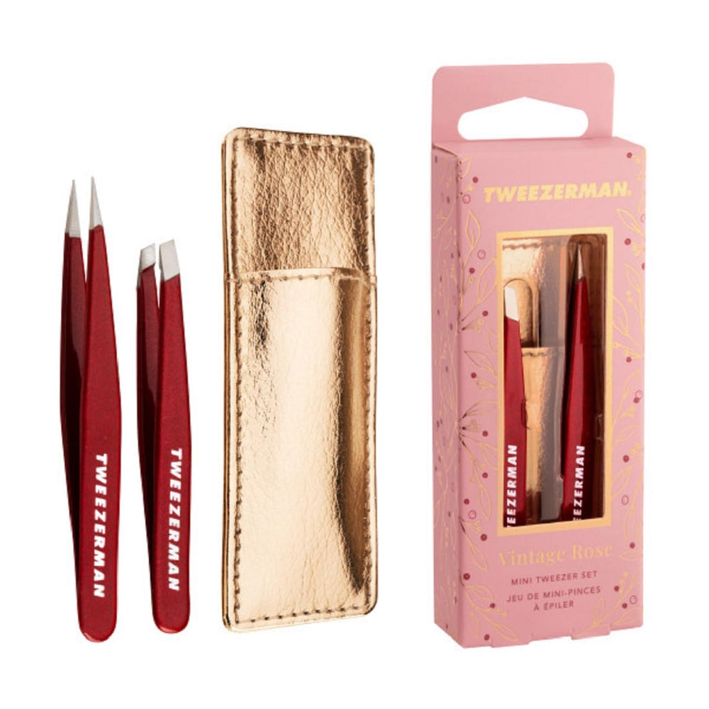 Tweezerman Vintage Rose mini tweezer set case open for travel touch-ups.