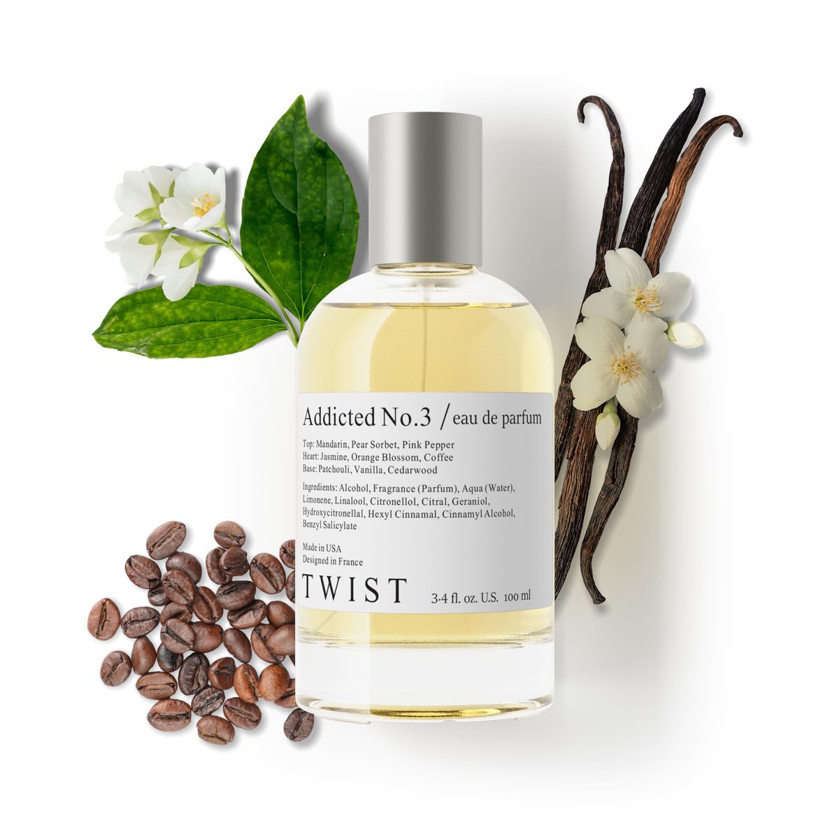Twist Addicted No. 3 bottle closeup showcases amber vanilla allure for confident daytime wear.