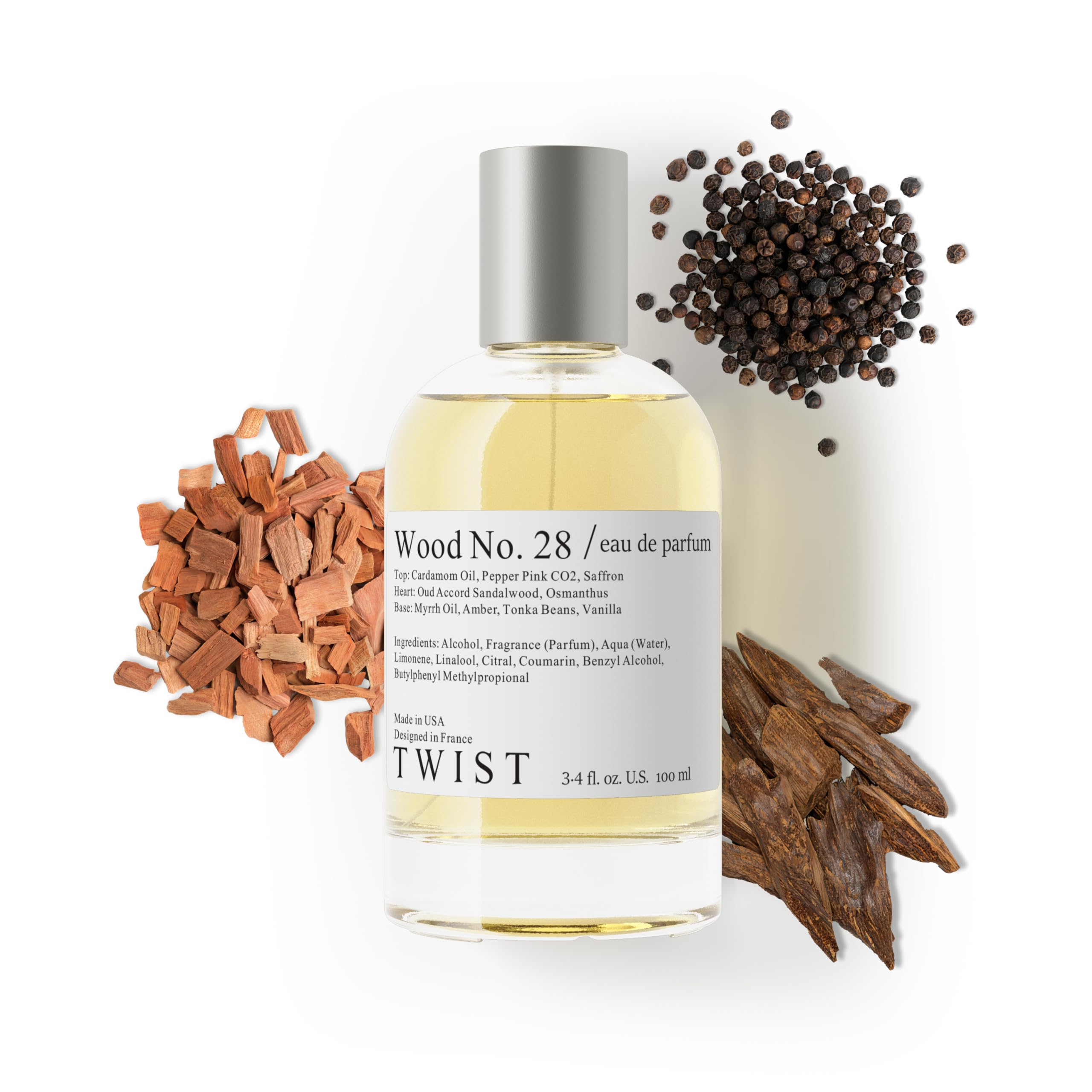 Twist Wood No. 28 bottle front label with amber-woody notes.