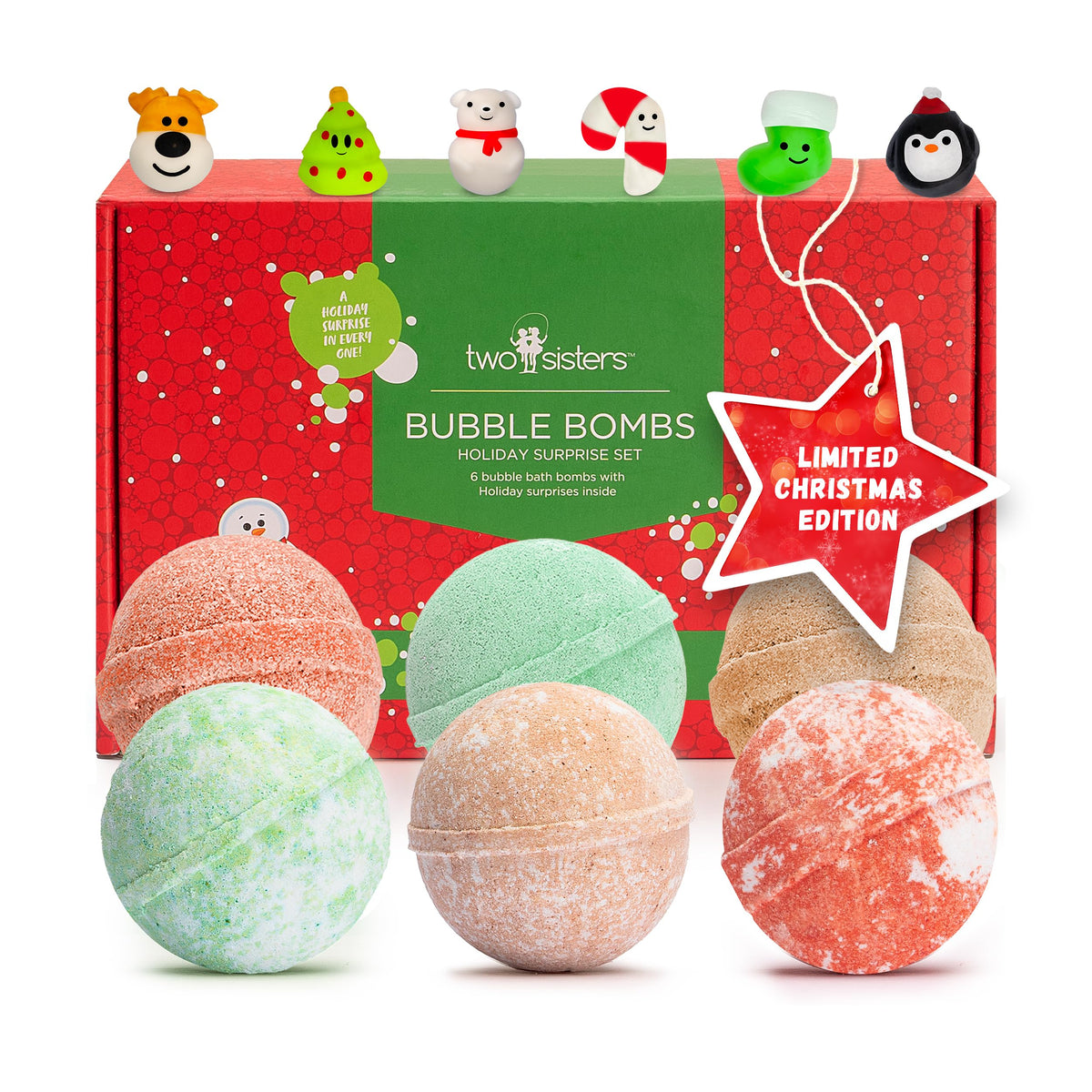 Two Sisters Christmas bath bombs reveal a surprise toy inside for kids' bath time fun