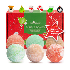Two Sisters Christmas bath bombs reveal a surprise toy inside for kids' bath time fun