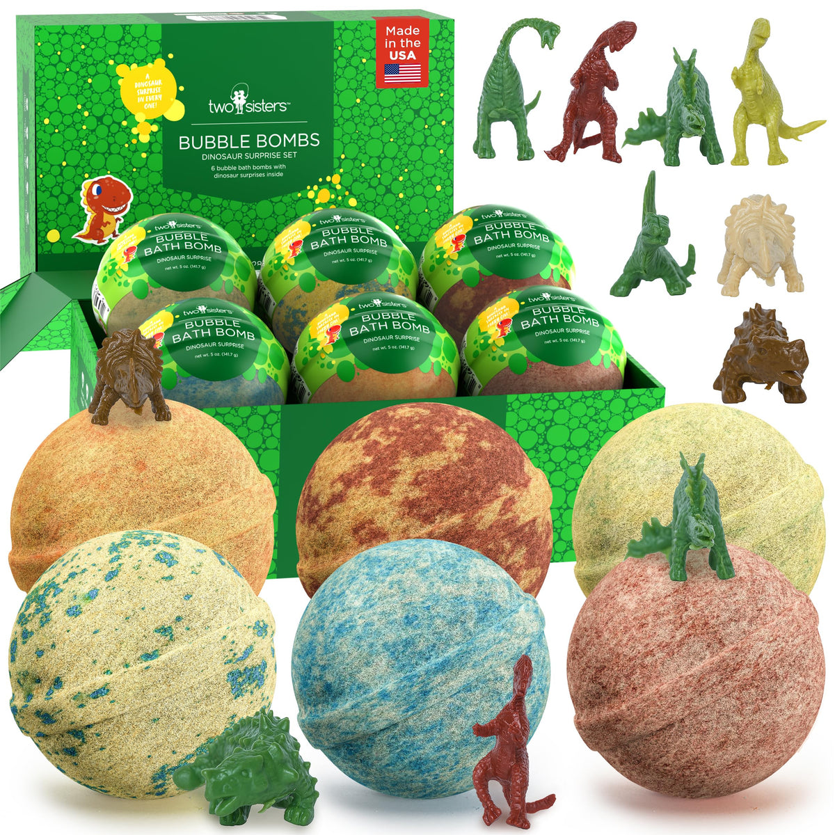 Two Sisters dinosaur bath bombs reveal toy eggs during colorful bath time for kids