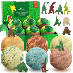 Two Sisters dinosaur bath bombs reveal toy eggs during colorful bath time for kids