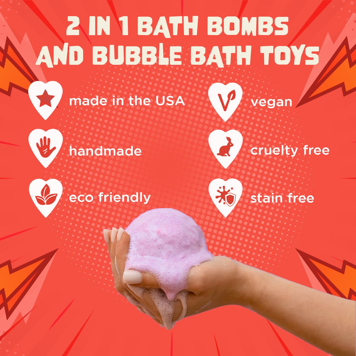 Two Sisters fruity-scent bath bomb in fruit punch entices senses during bath play.