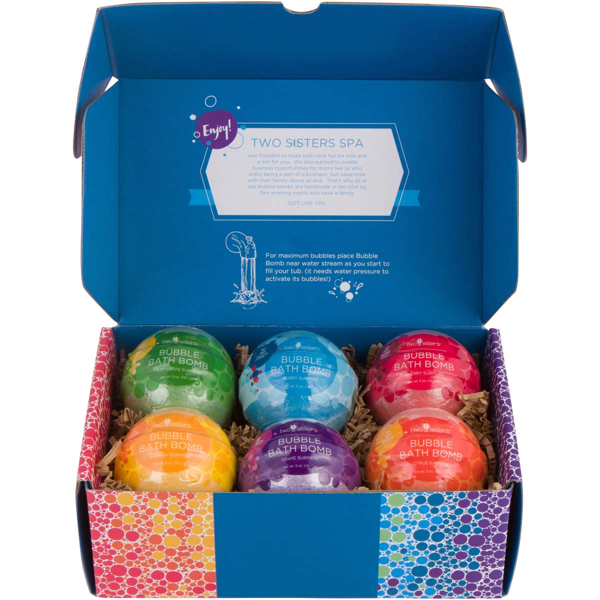 Two Sisters six-pack bath bombs shown in gift-ready boxed packaging