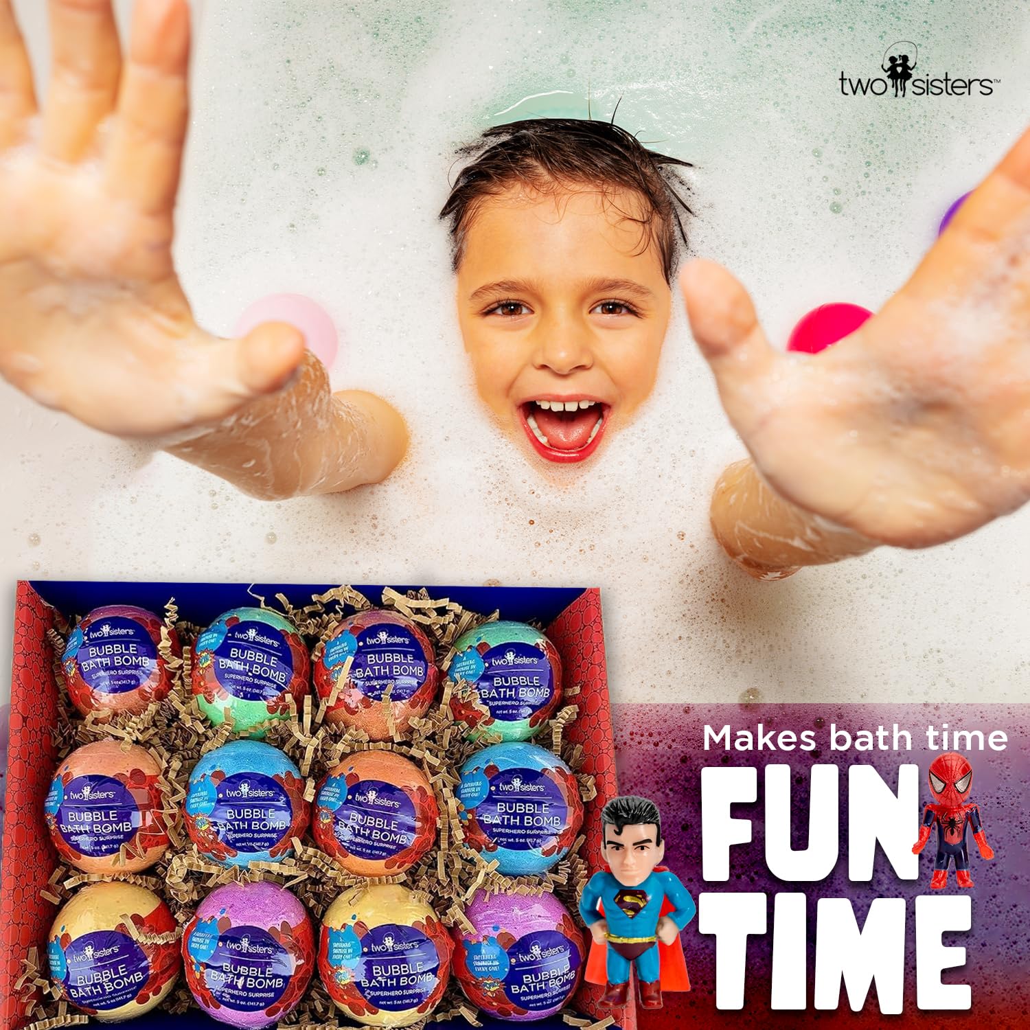 Two Sisters bath bombs display color bursts and fizz for a playful bath.