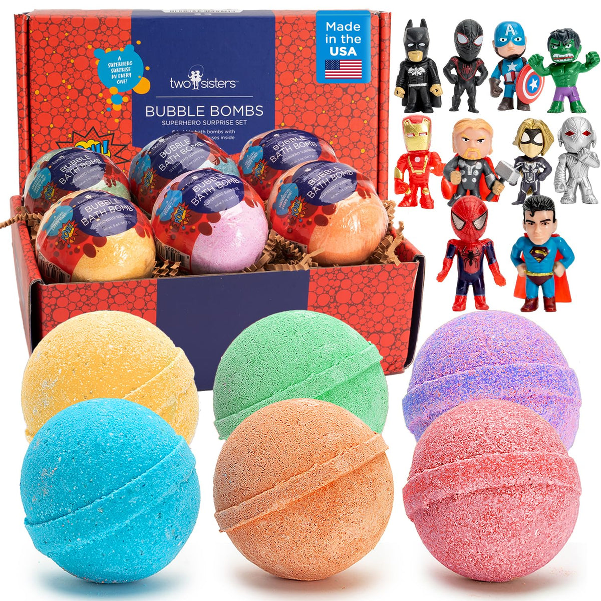 Two Sisters superhero bath bomb with toy inside for kid-friendly bath time.