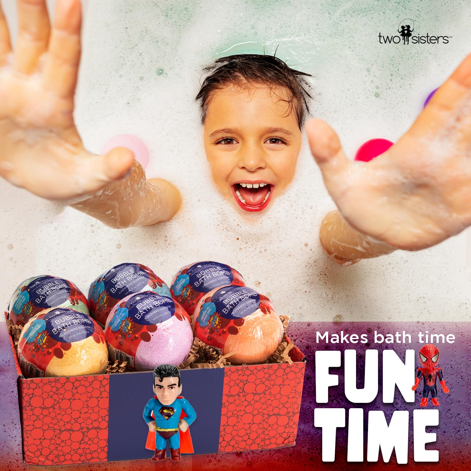 Two Sisters bath bomb releases colorful bubbles for magical bath time.