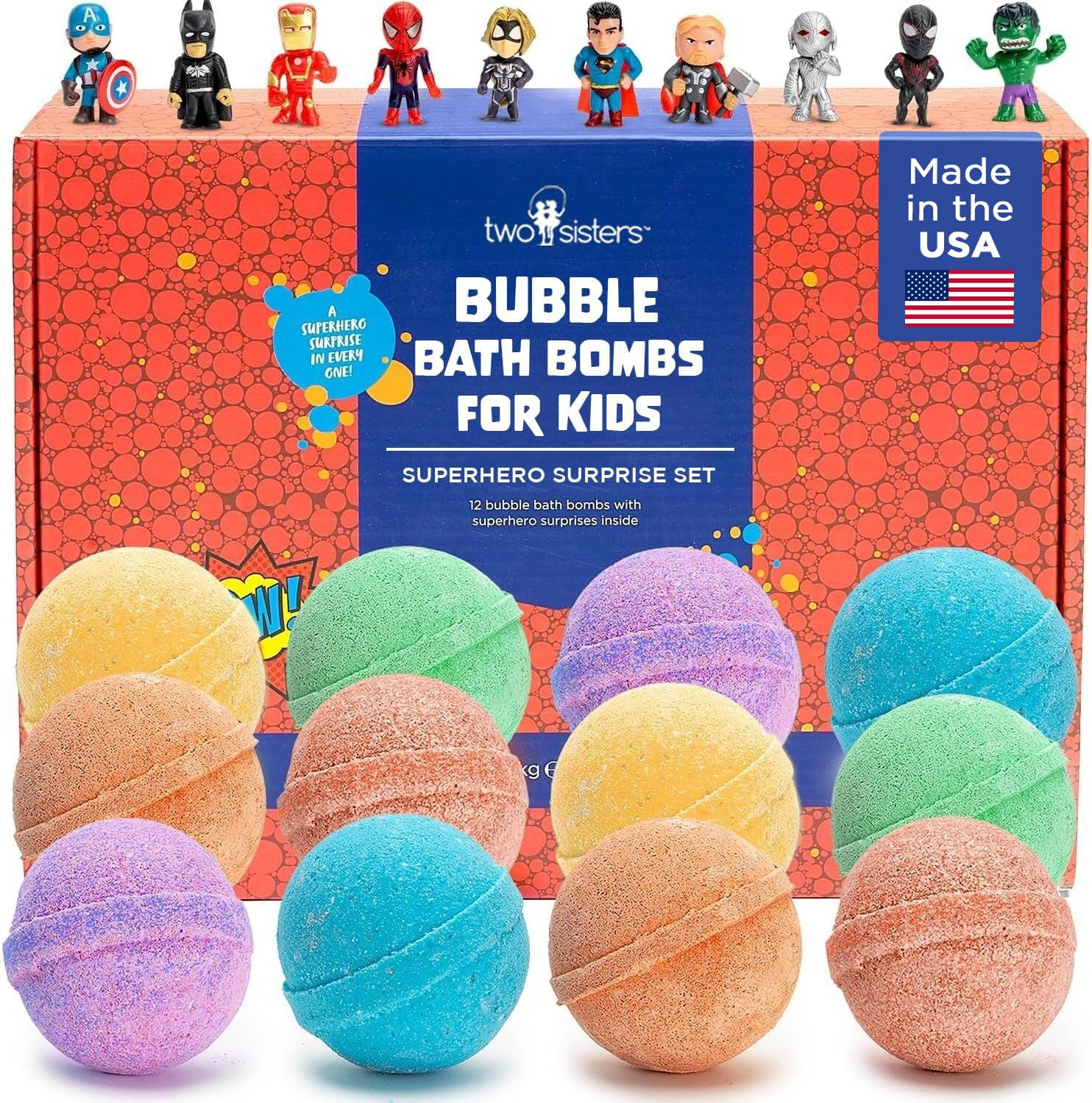 Two Sisters superhero bath bombs reveal a toy inside, adding excitement to bath time.