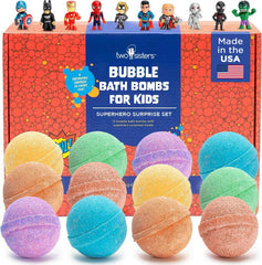 Two Sisters superhero bath bombs reveal a toy inside, adding excitement to bath time.
