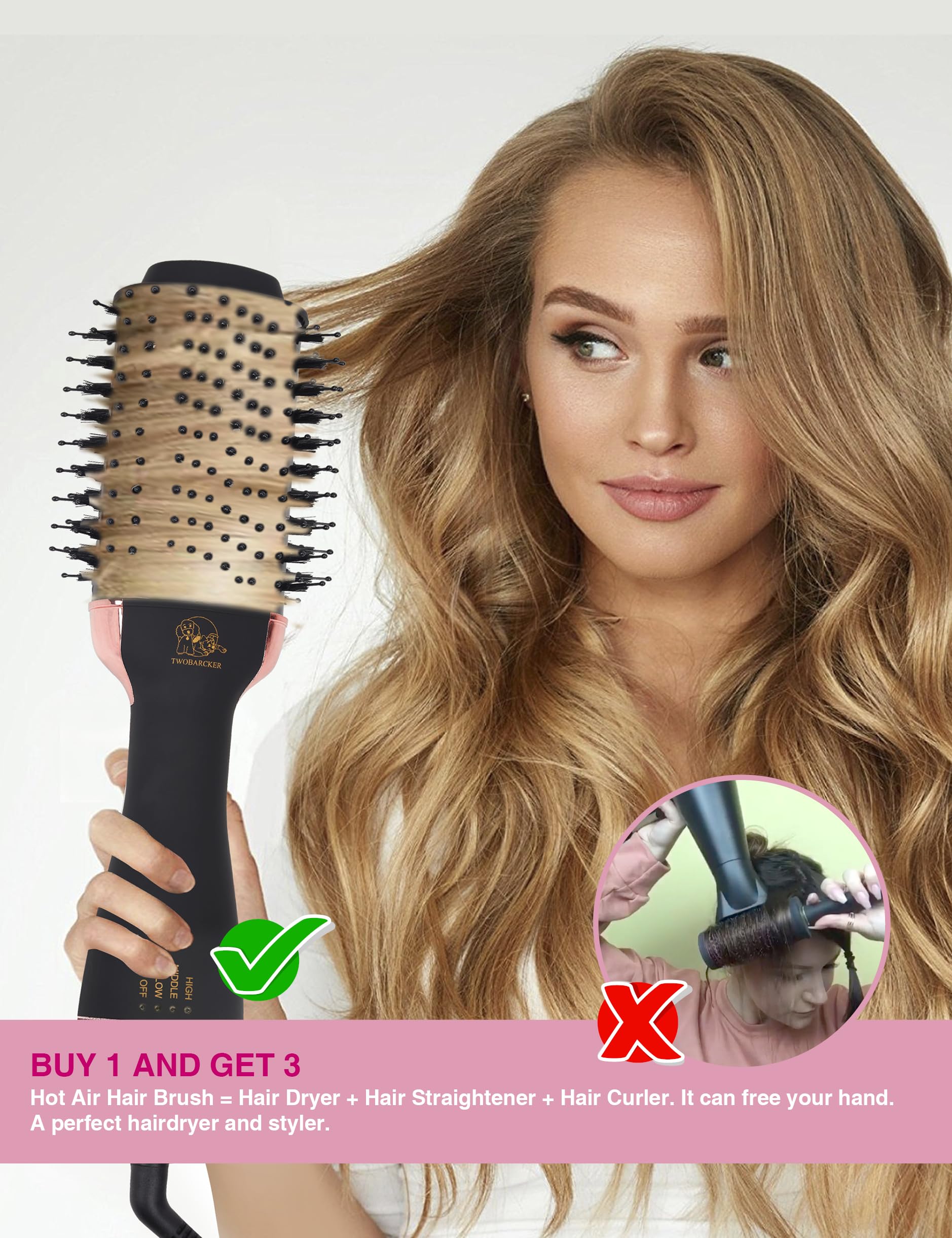 TWOBARCKER hair dryer brush showing three heat settings for versatile styling.