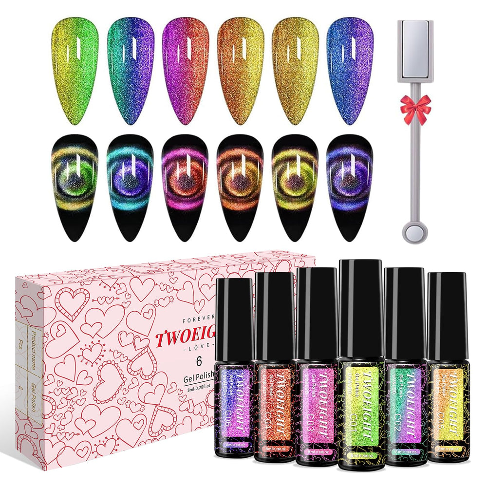 TWOEIGHT Cat Eye Gel Polish Kit shows magnetic color options for salon-quality nails at home.