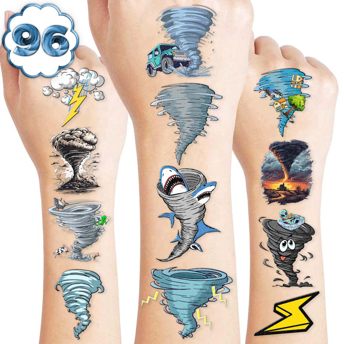 Twonado tornado tattoos 86-piece sheet for bright stormy party decorations.
