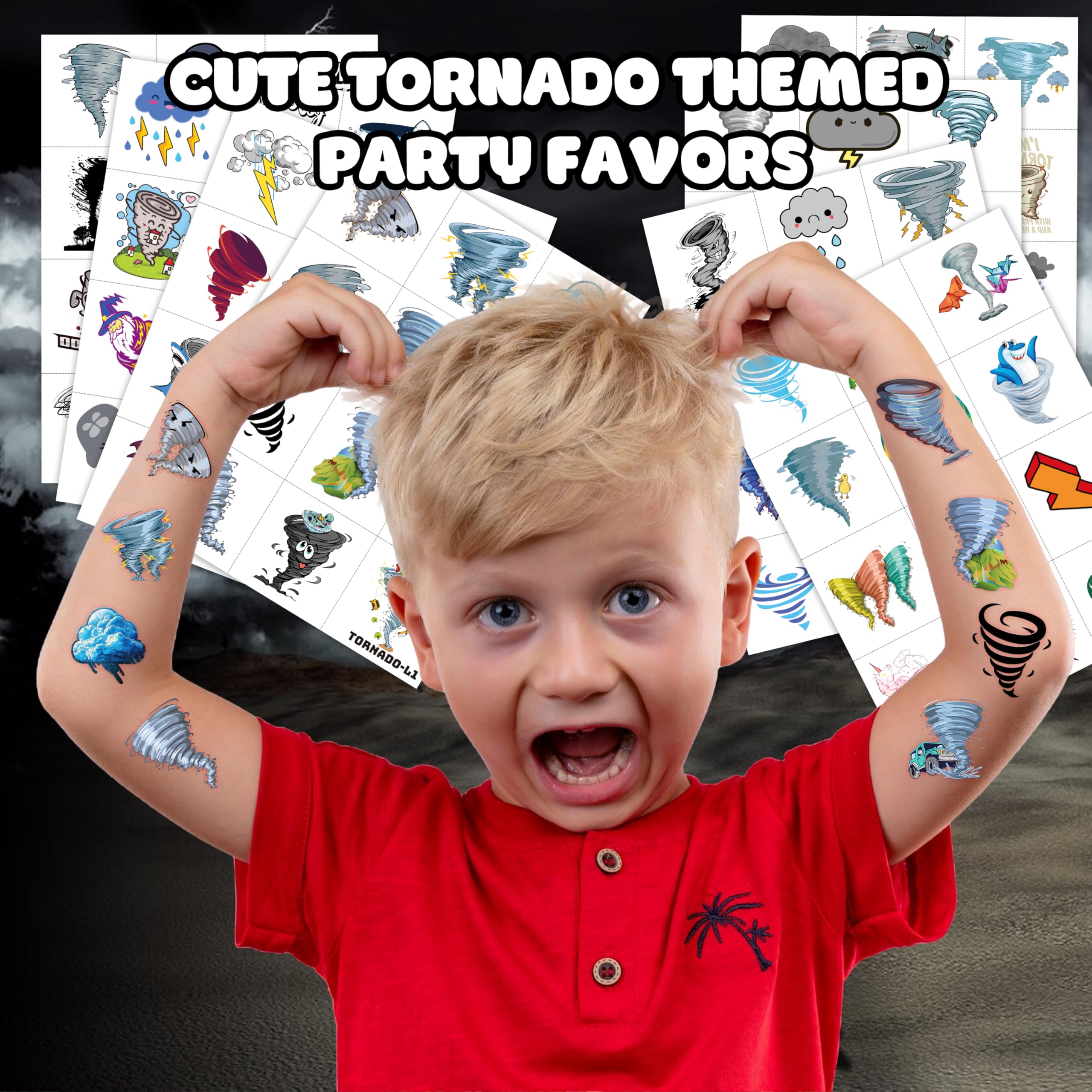 Twonado tornado-themed party decor spread shows dramatic storm designs.