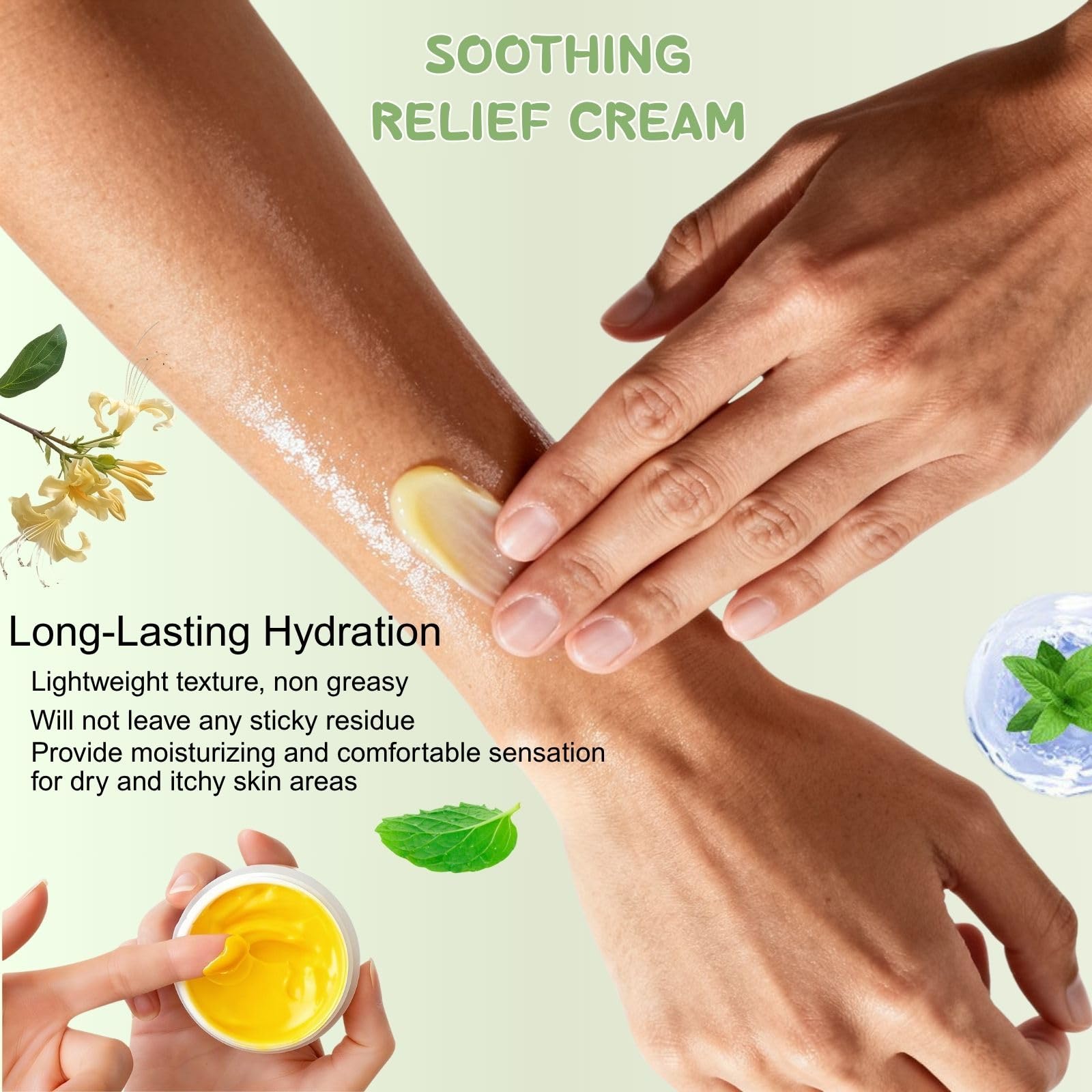 2Pcs Soothing Relief Cream hydration closeup illustrates long-lasting moisture