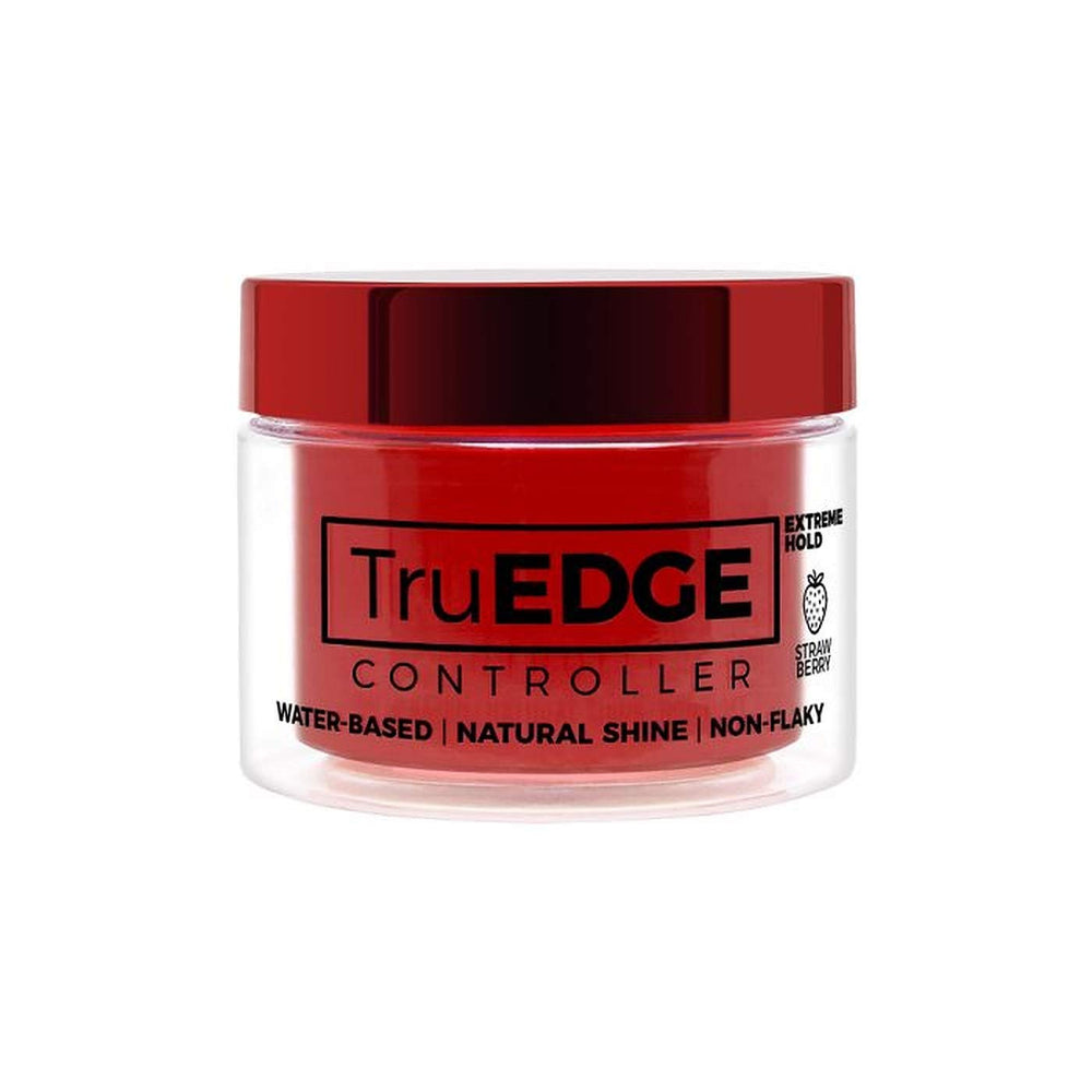 Tyche TruEDGE Controller Extreme Hold Pomade bottle featuring strawberry scent for smooth, lasting edges.