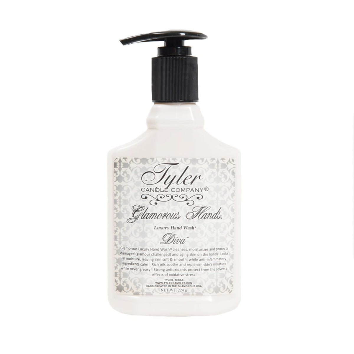 Tyler Candle Company Diva hand lotion bottle shows smooth hydration for daily use
