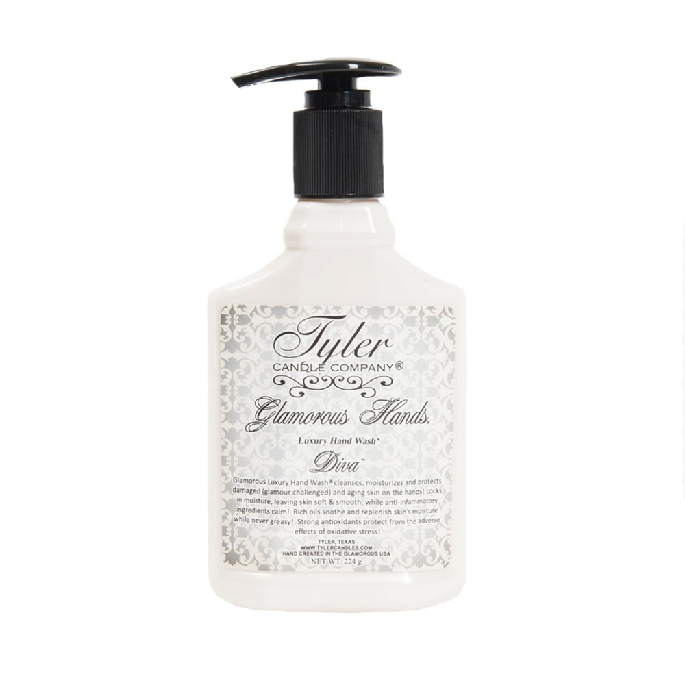 Tyler Candle Company Diva hand lotion label closeup signals premium fragrance and routine pampering