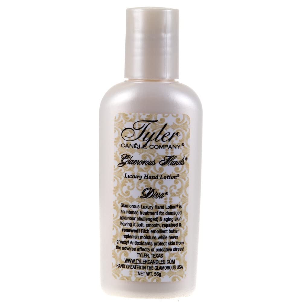 Tyler Candle Diva Luxury Hand Lotion 2oz bottle for silky hands and mood-enhancing fragrance.