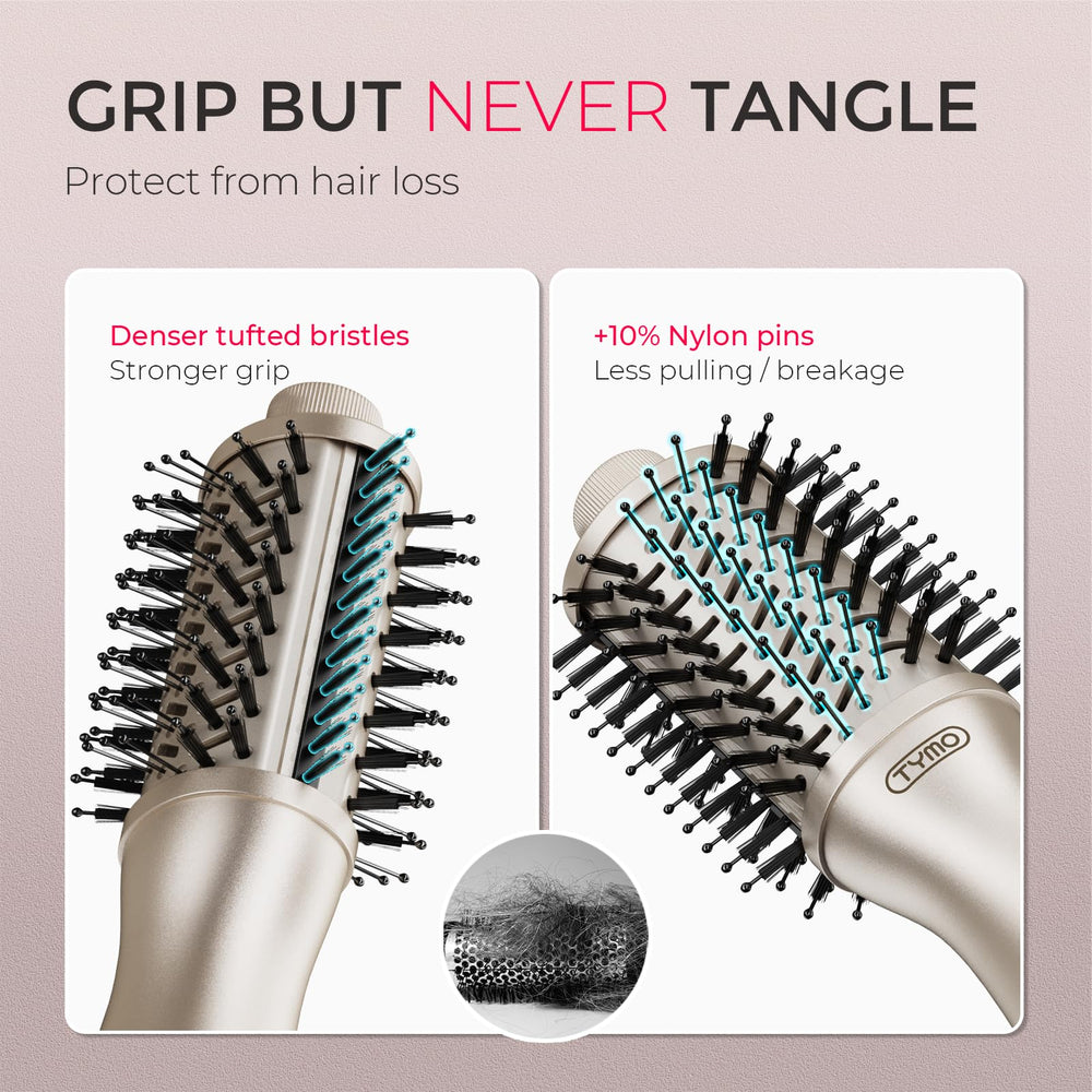 TYMO 2.0 bristle system lifts and smooths without tugging.