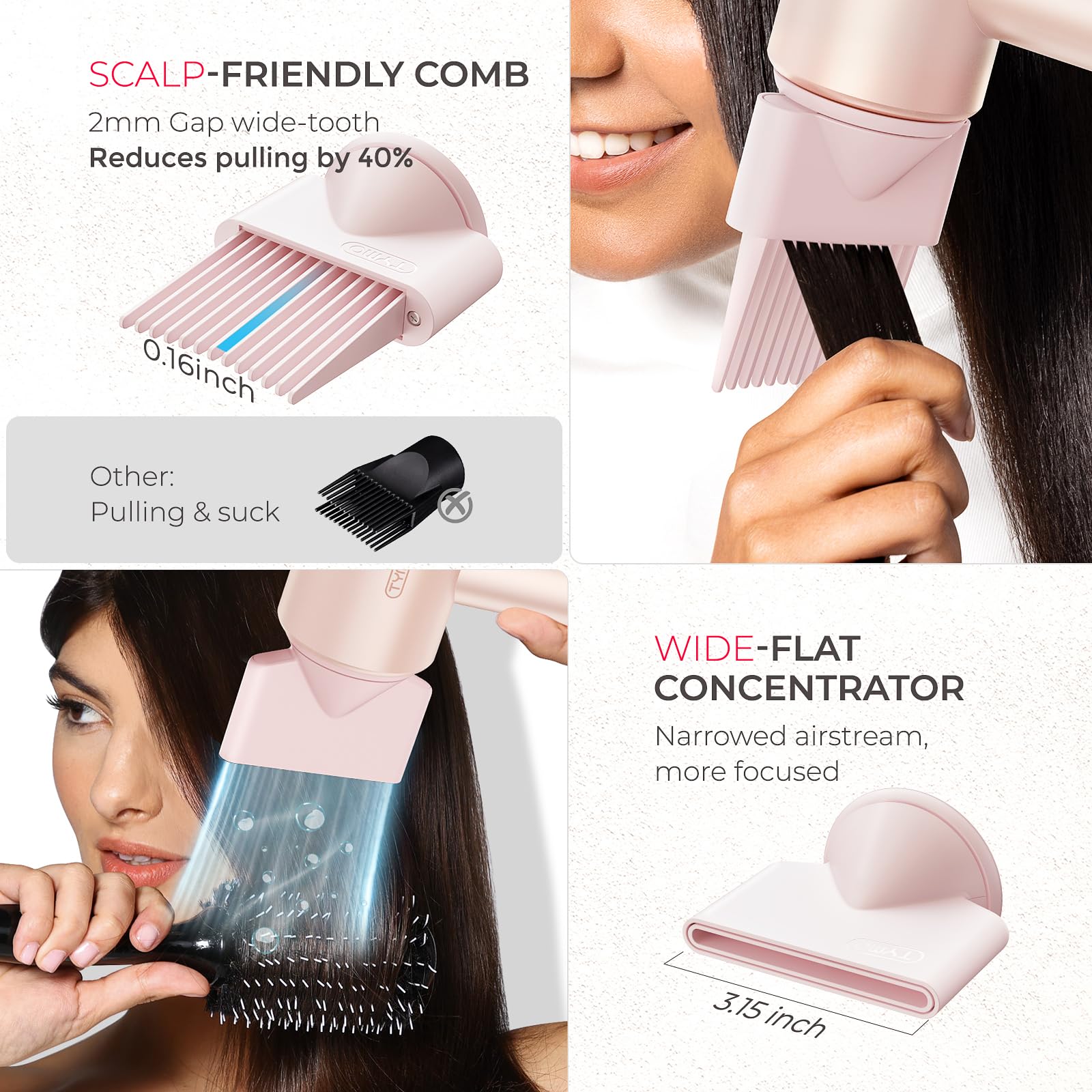TYMO AIRHYPE Compact concentrator nozzle delivers pin-straight precision.