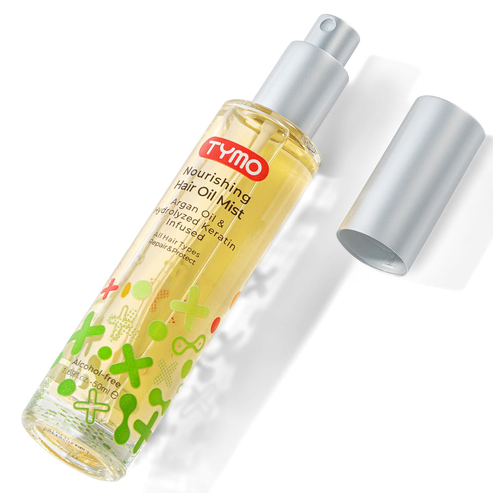 TYMO Argan Hair Oil Spray bottle front for smooth, frizz-free shine.