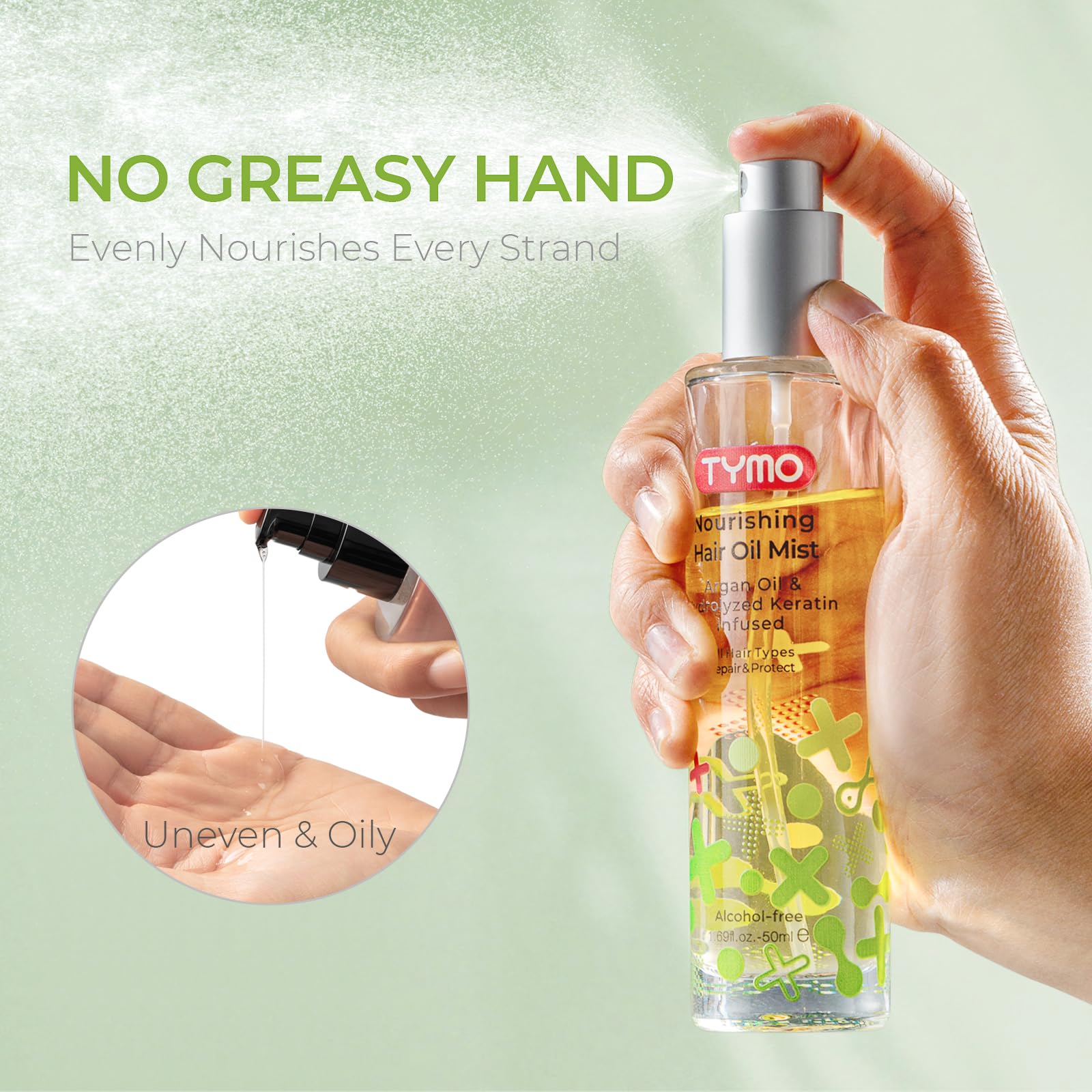TYMO Argan Hair Oil Spray close-up highlights argan oil in the six-oil blend.