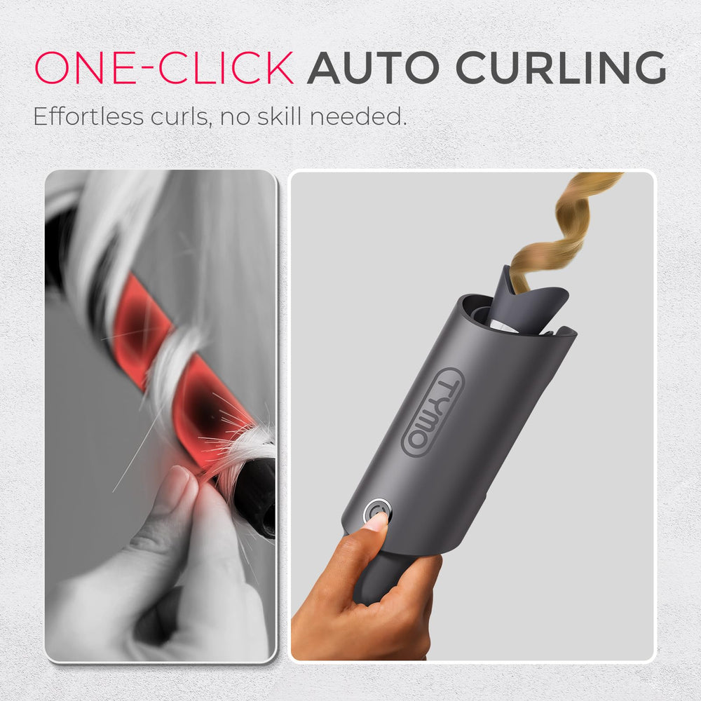 TYMO CURLPRO auto-rotation closeup demonstrates one-click control for consistent curls.