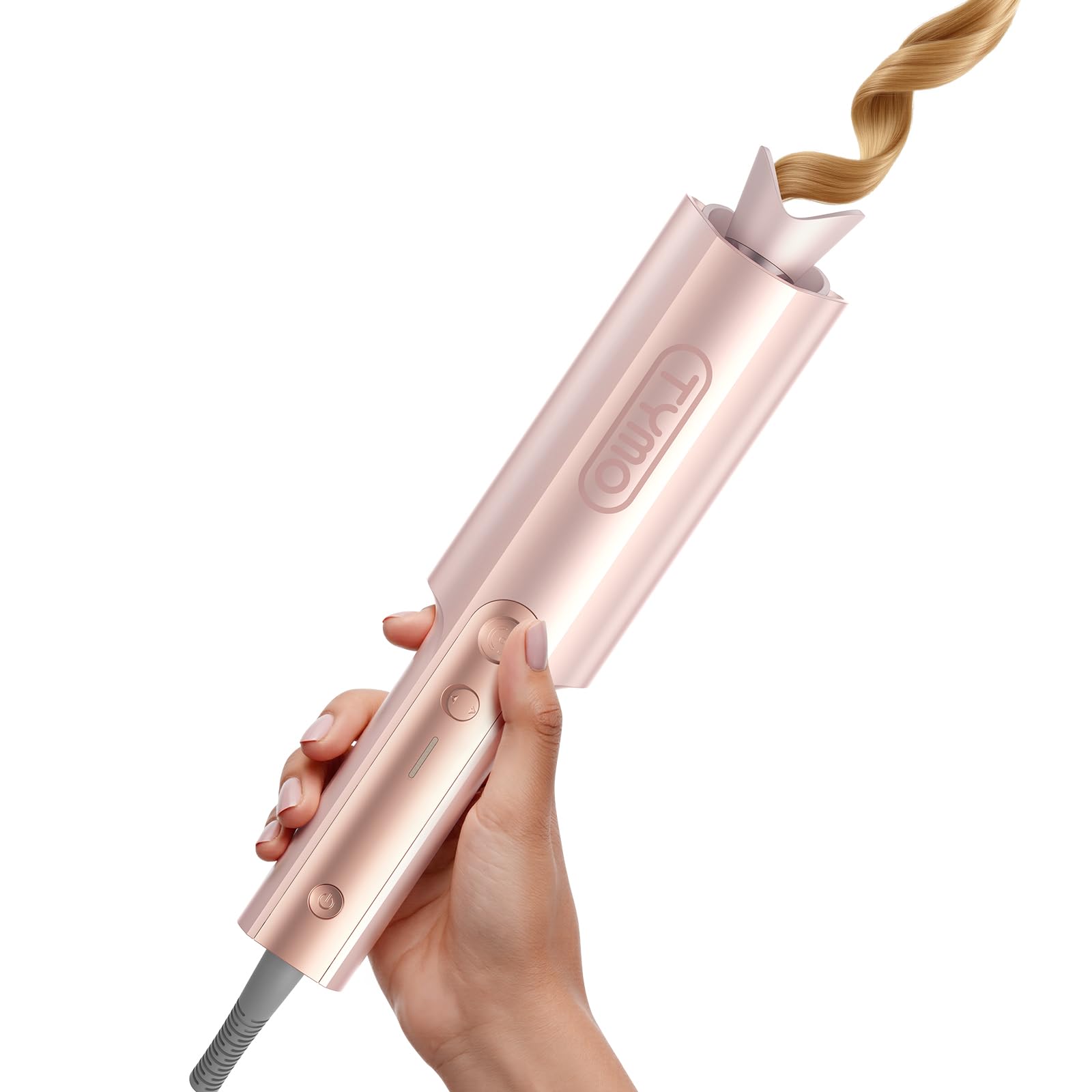 TYMO CurlPro Plus long-barrel close-up shows sleek gold blush finish for smooth long-hair curls