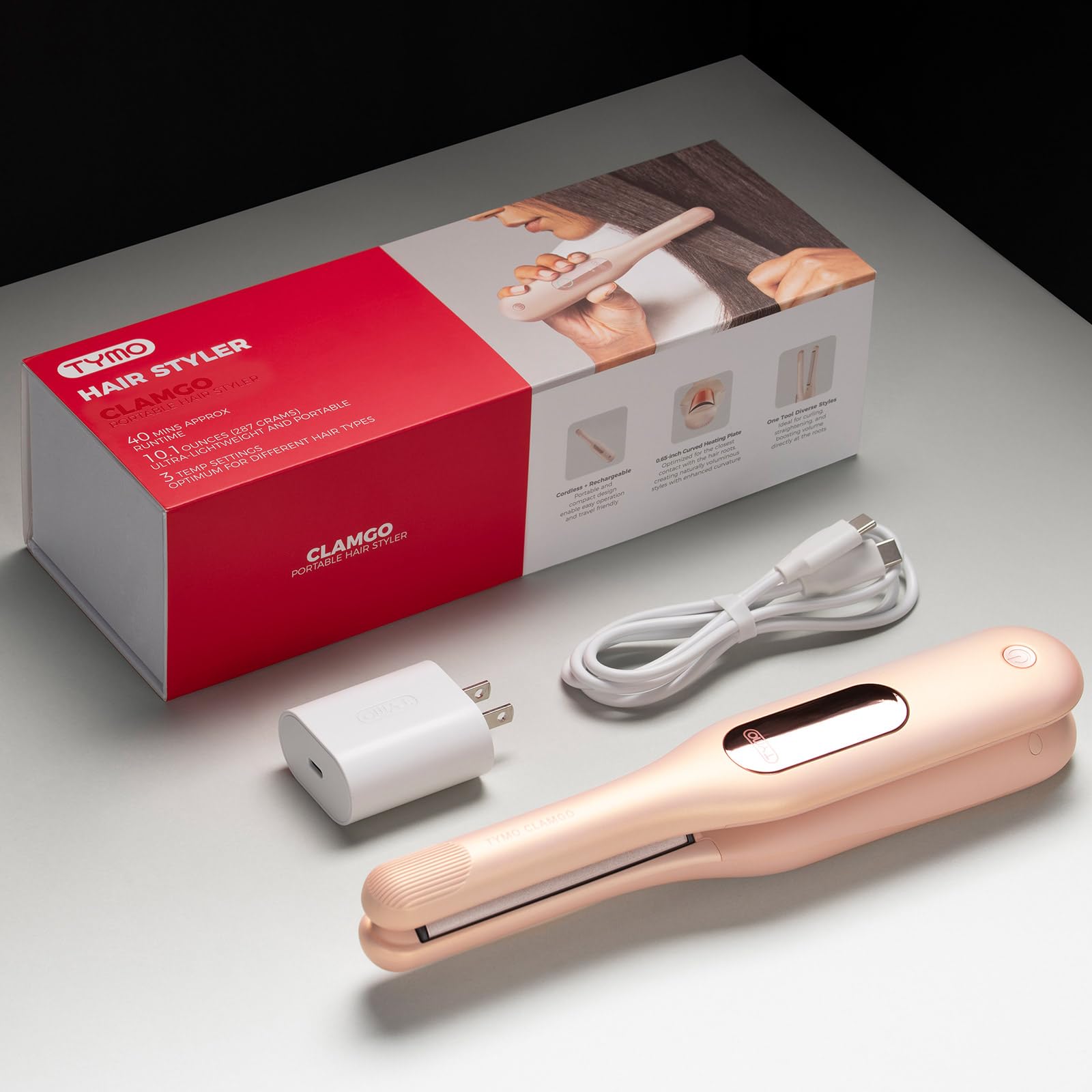 TYMO gold-pink finish highlights a stylish travel-friendly beauty tool