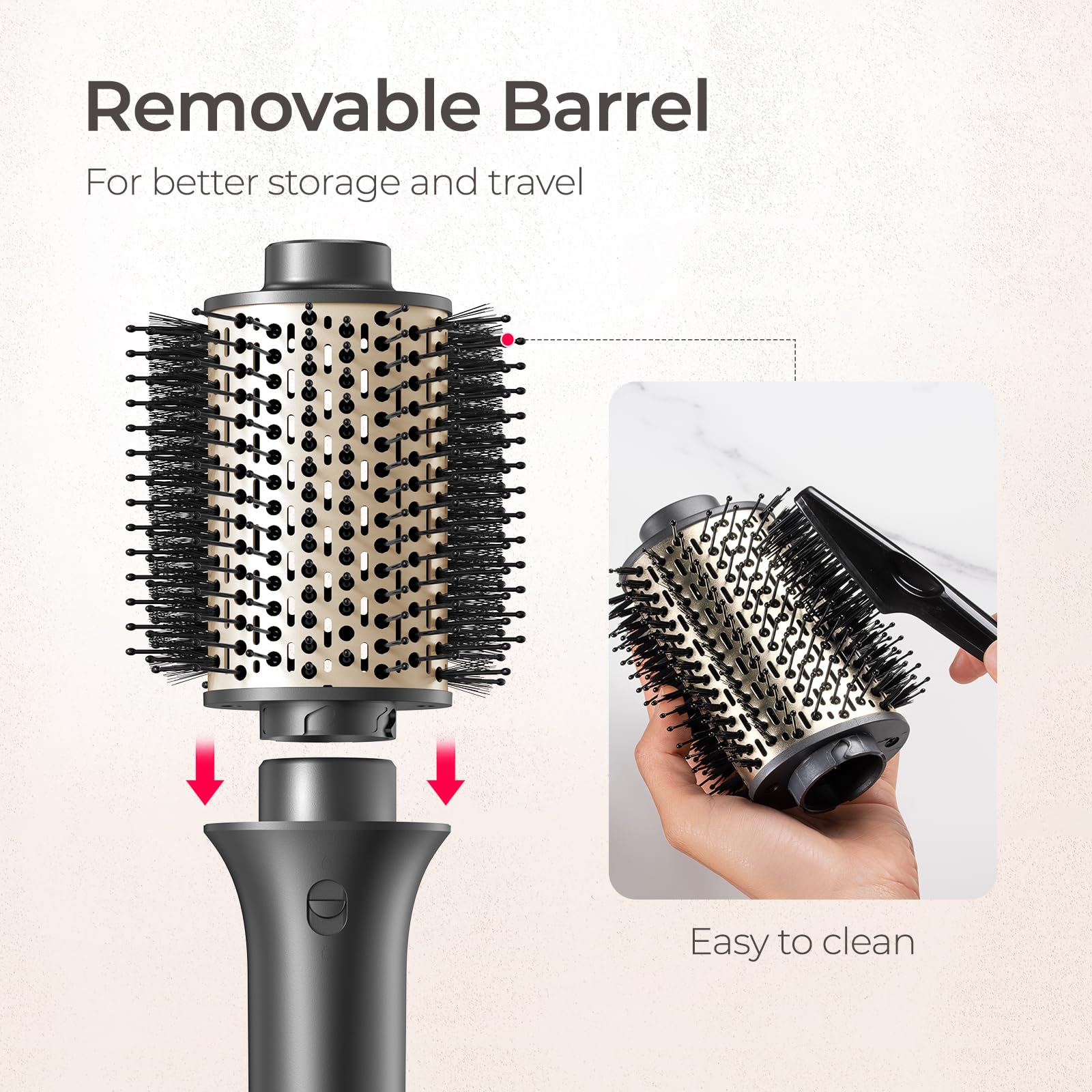 TYMO hair dryer brush 3D-bristle design minimizes pulling