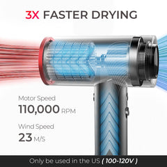 TYMO hair dryer motor at 110000 RPM powers strong airflow for rapid results.