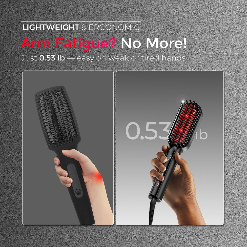 TYMO Hair Straightener Brush demonstrating its compact size for easy storage.