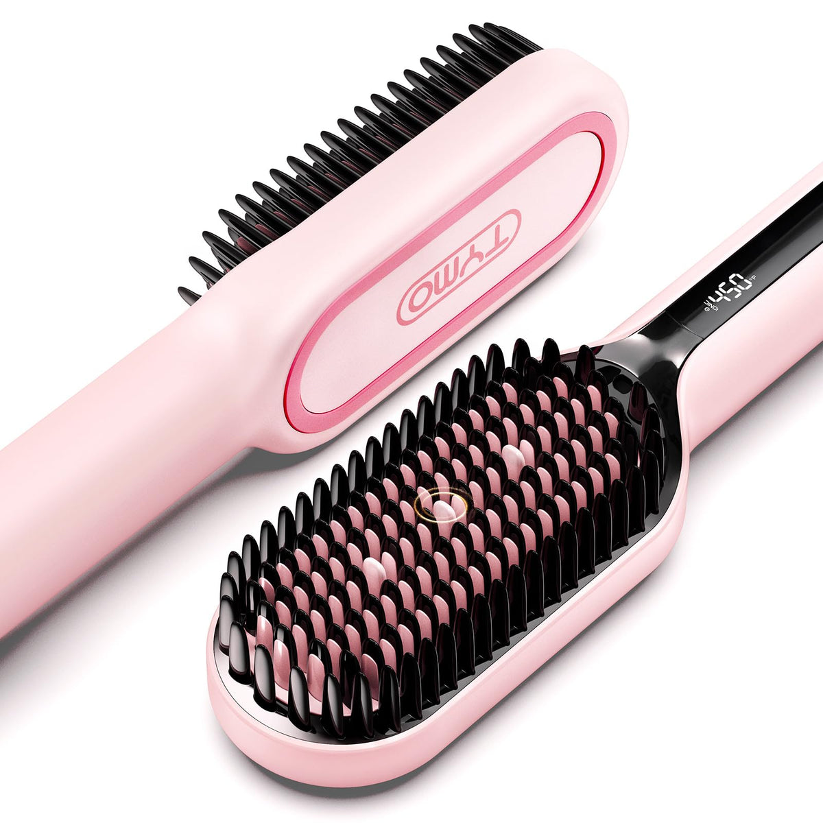 TYMO hair straightener brush with dense bristles for faster, smoother styling.