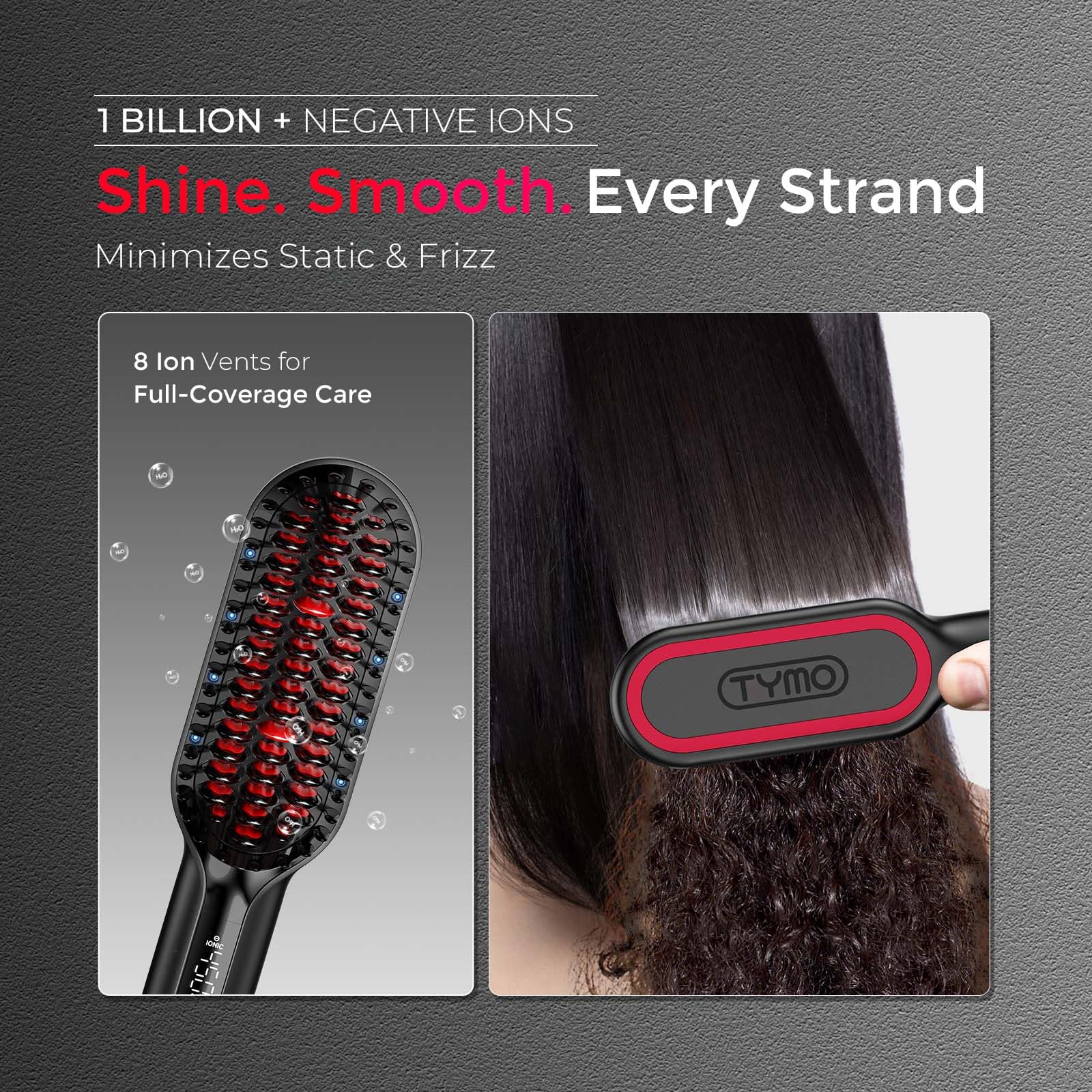 TYMO hair straightener brush showing smooth styling results on different hair types.