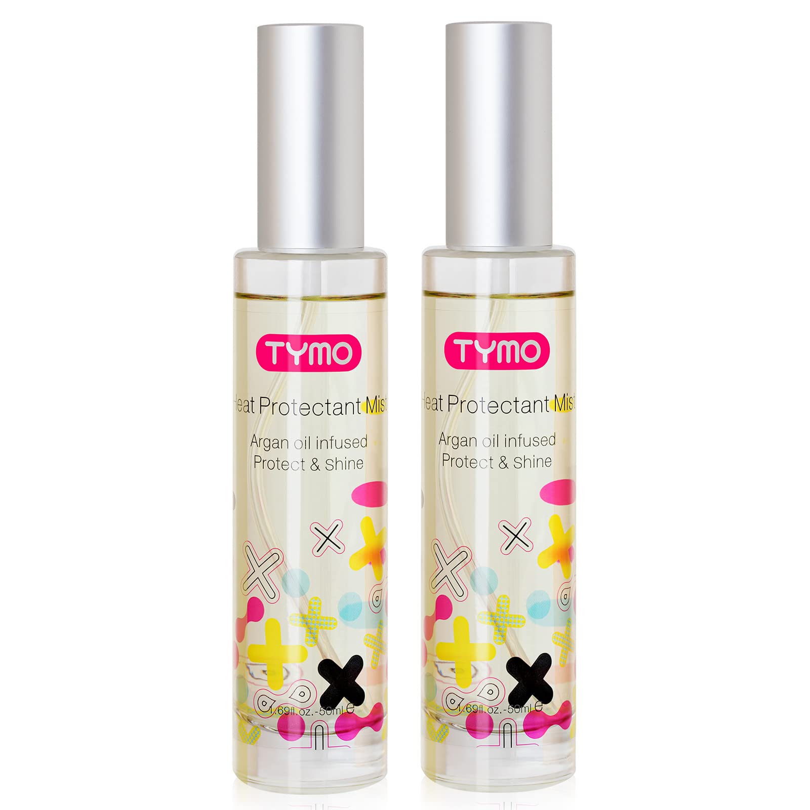 TYMO heat protectant bottle angled for heat protection during styling with argan oil